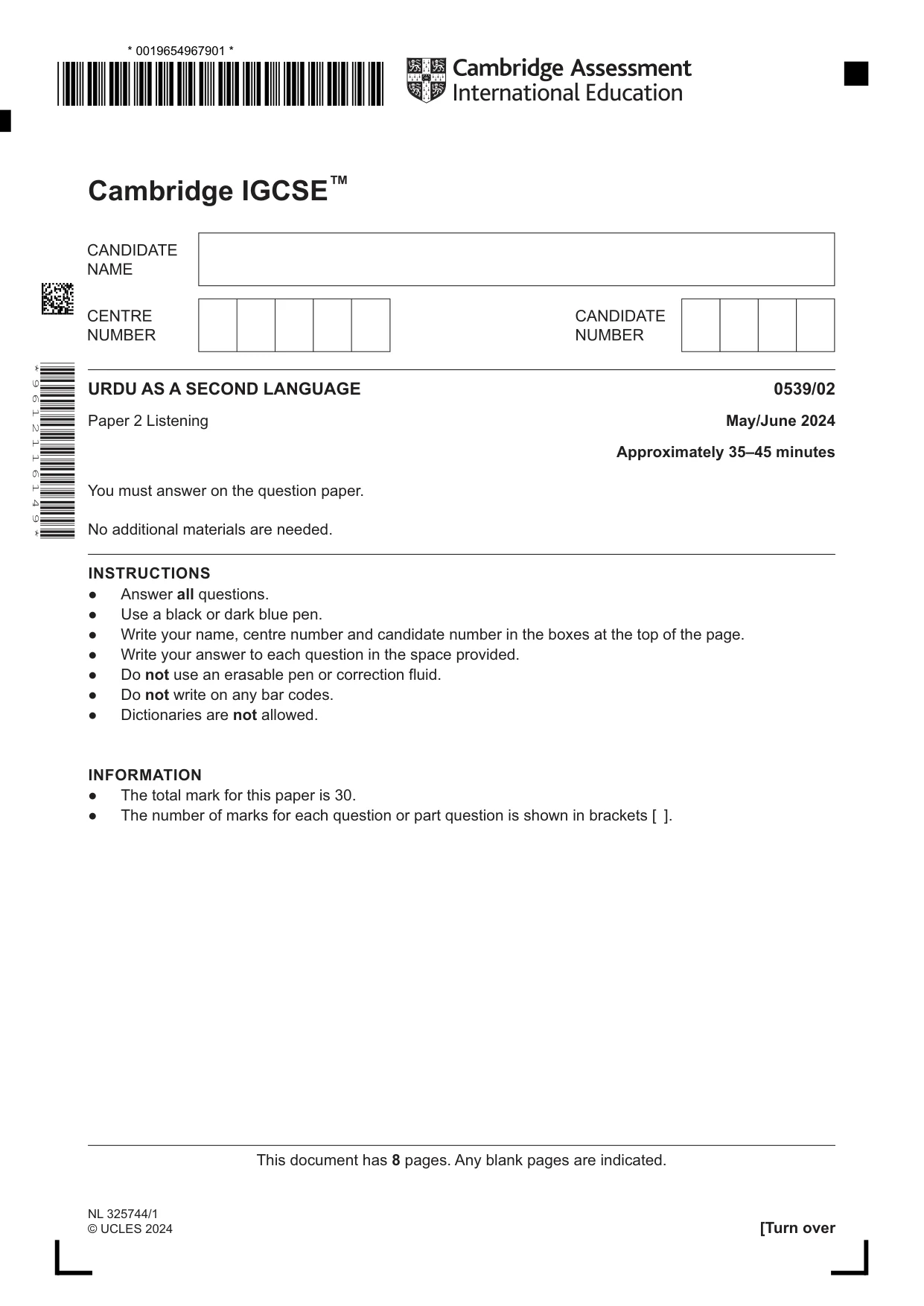 Cambridge IGCSE Urdu as a Second Language 0539 2024 May/June Paper 2 · Variant 0 question paper, page 1 of 8