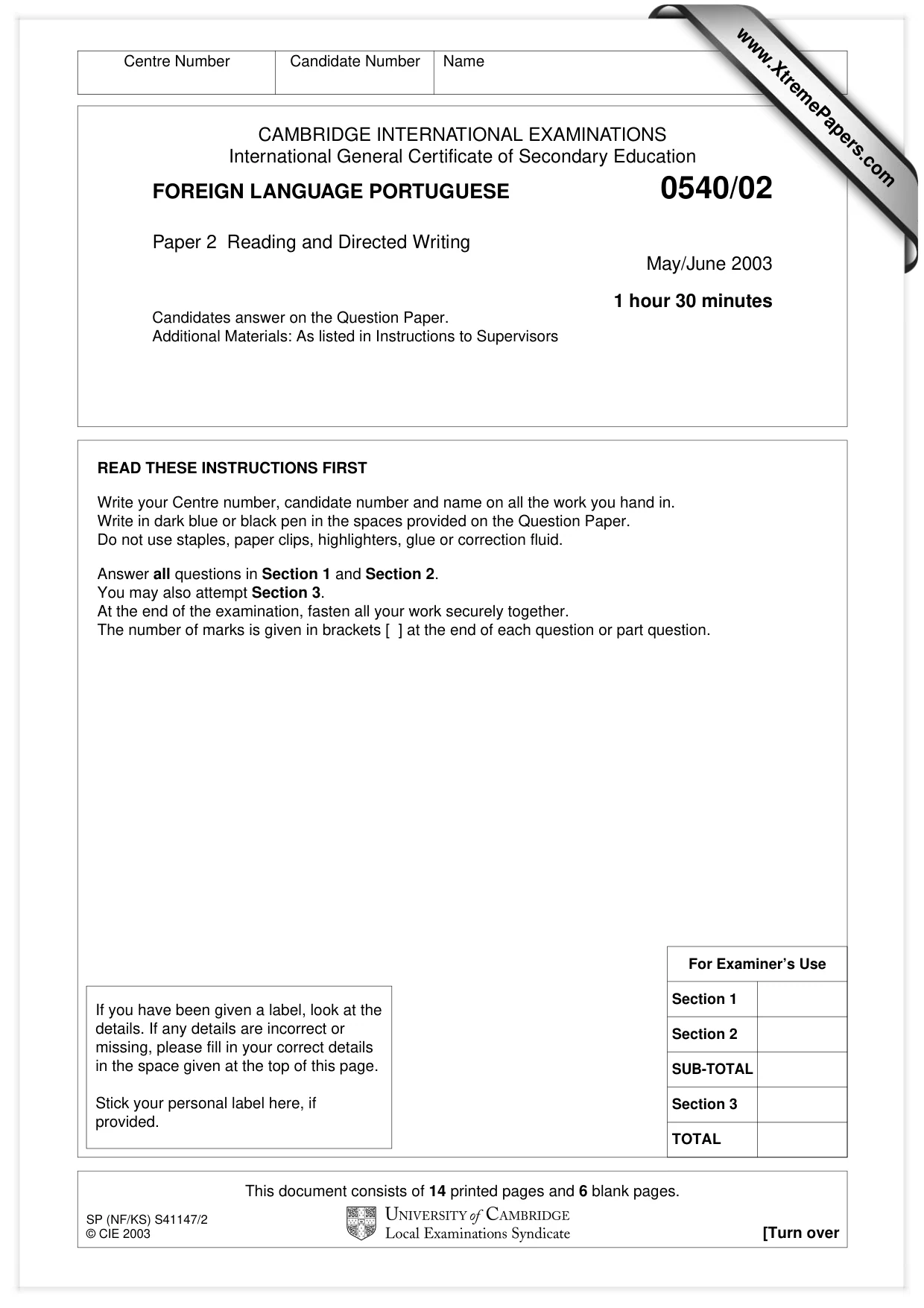Cambridge IGCSE Portuguese - Foreign Language 0540 2003 May/June Paper 2 · Variant 1 question paper, page 1 of 20