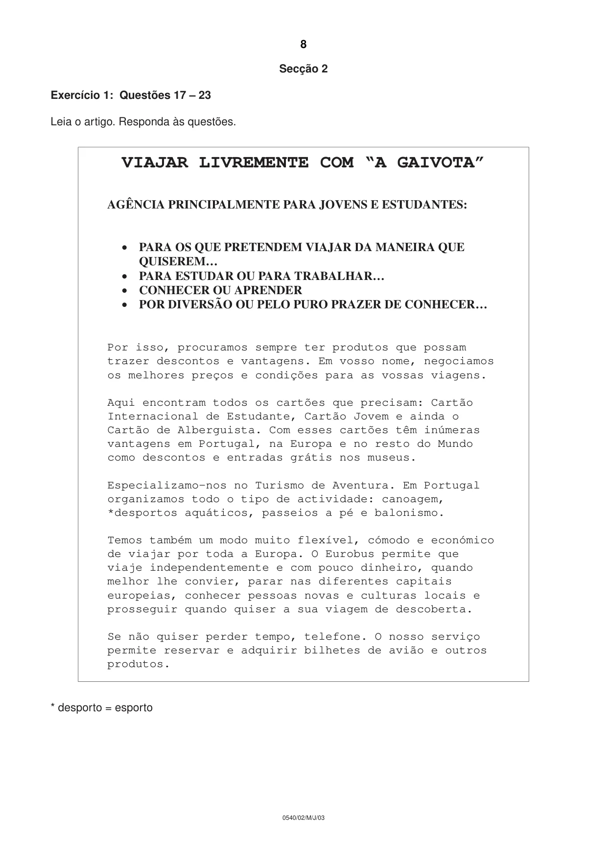 Cambridge IGCSE Portuguese - Foreign Language 0540 2003 May/June Paper 2 · Variant 1 question paper, page 8 of 20