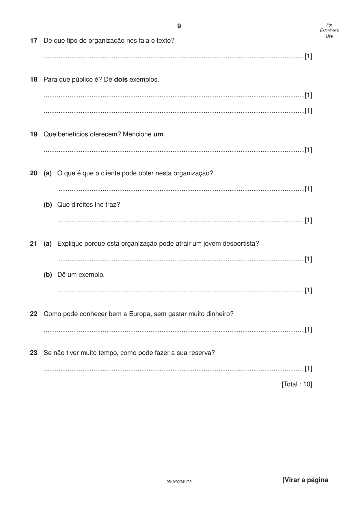 Cambridge IGCSE Portuguese - Foreign Language 0540 2003 May/June Paper 2 · Variant 1 question paper, page 9 of 20