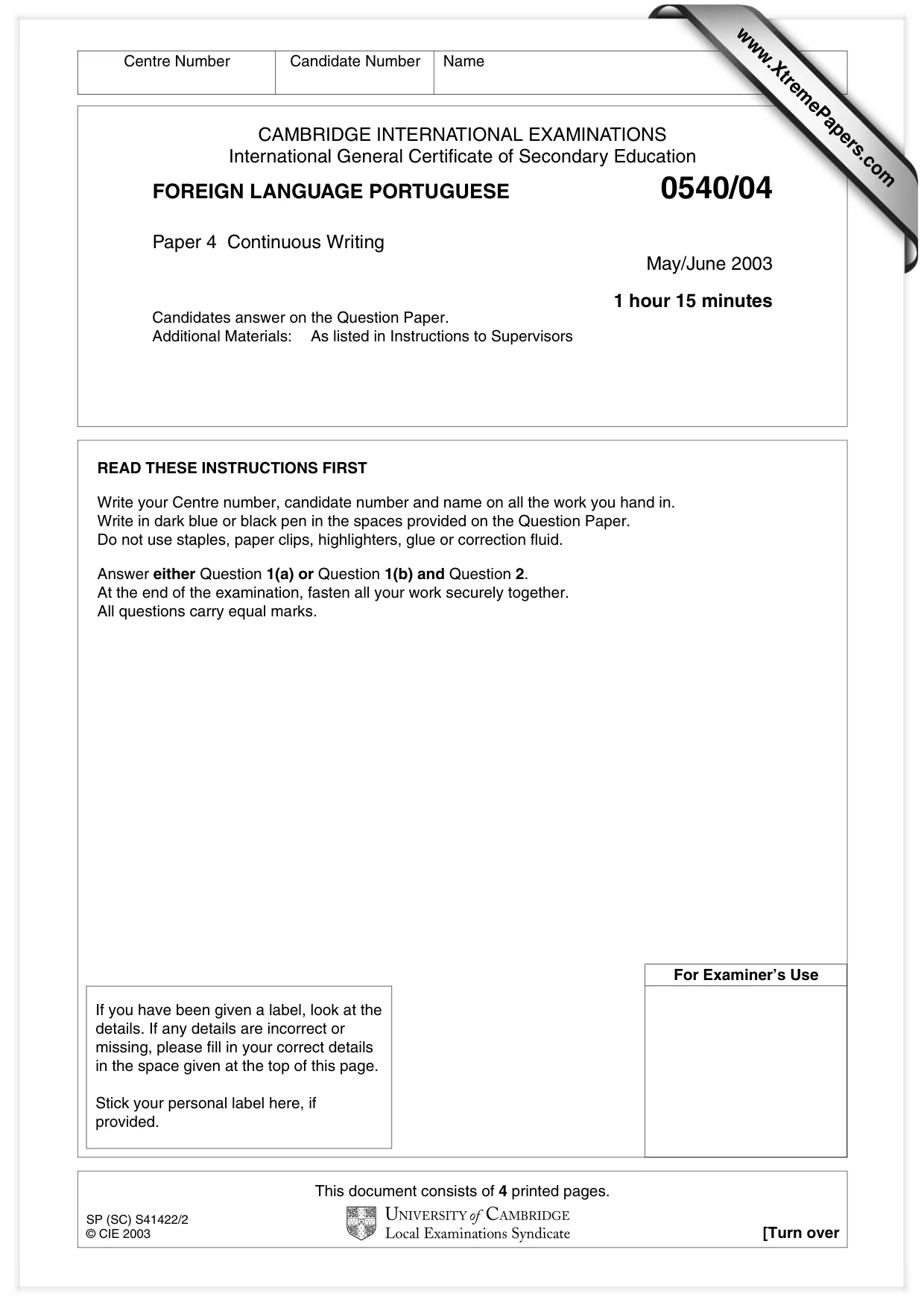 Cambridge IGCSE Portuguese - Foreign Language 0540 2003 May/June Paper 4 · Variant 1 question paper, page 1 of 4