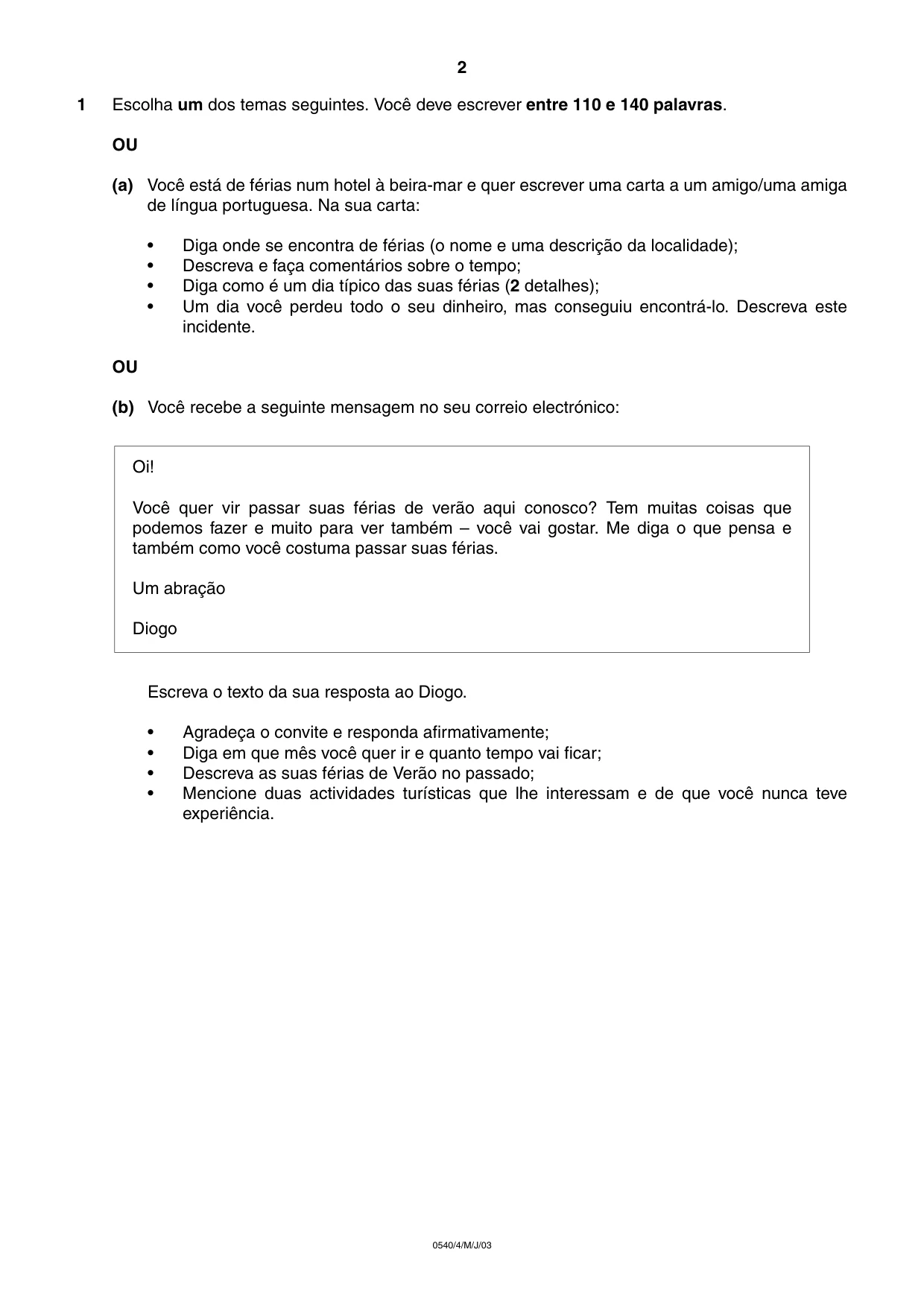 Cambridge IGCSE Portuguese - Foreign Language 0540 2003 May/June Paper 4 · Variant 1 question paper, page 2 of 4