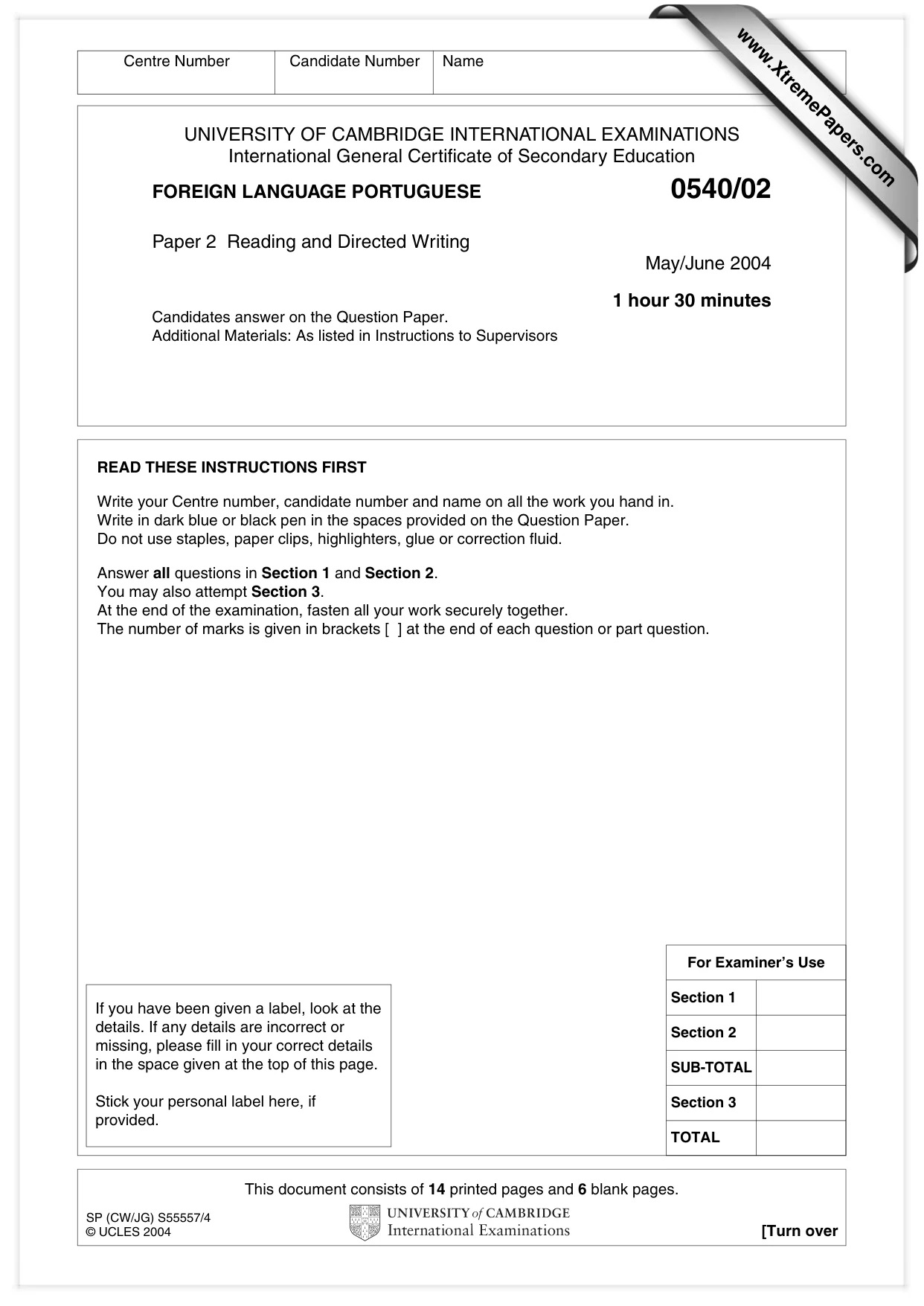 Cambridge IGCSE Portuguese - Foreign Language 0540 2004 May/June Paper 2 · Variant 1 question paper, page 1 of 20