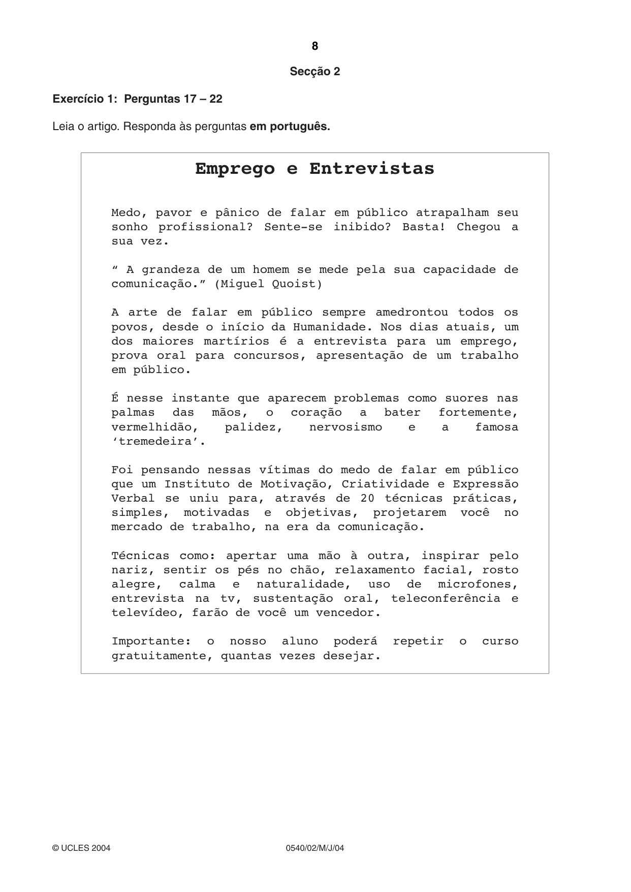 Cambridge IGCSE Portuguese - Foreign Language 0540 2004 May/June Paper 2 · Variant 1 question paper, page 8 of 20