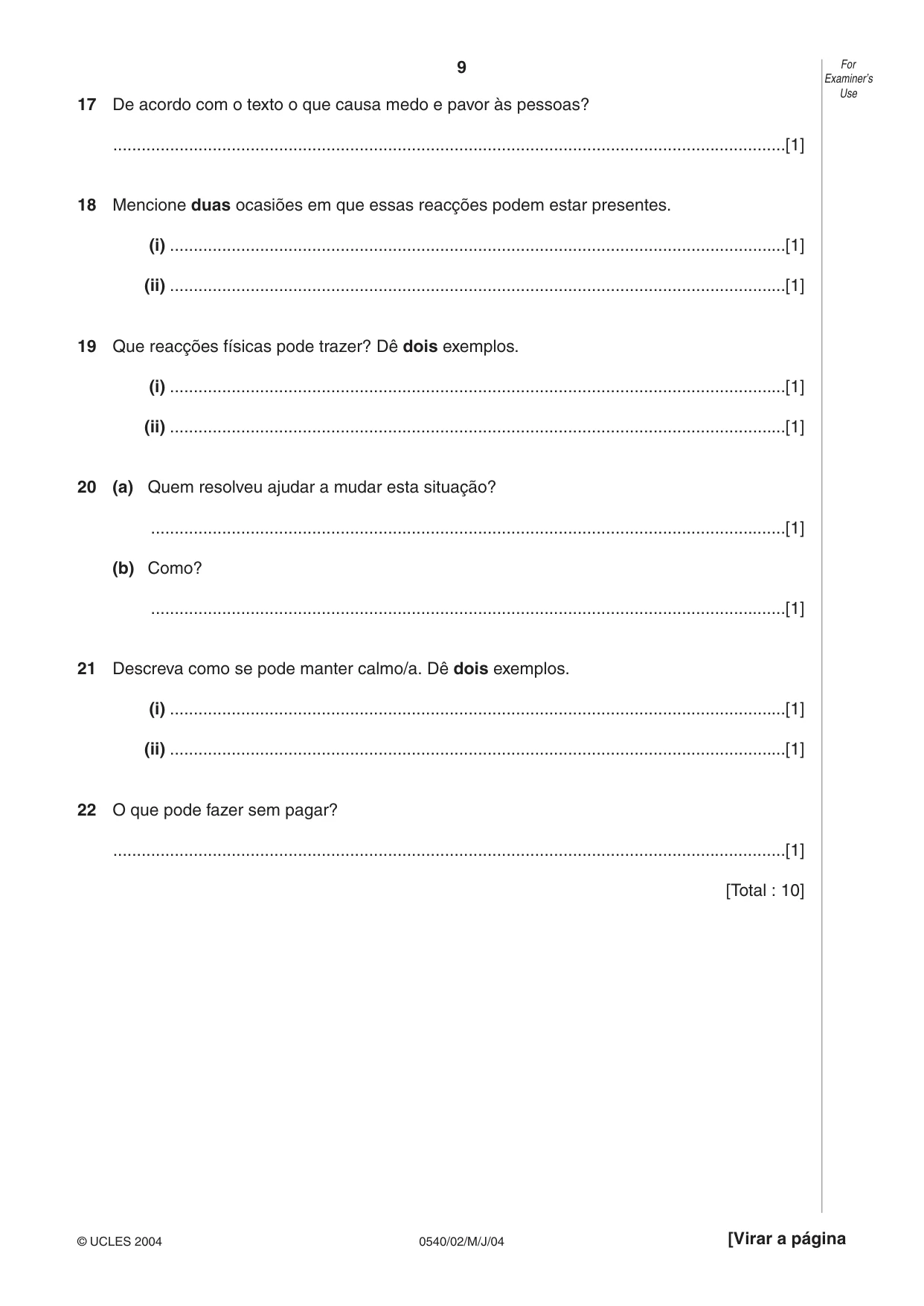 Cambridge IGCSE Portuguese - Foreign Language 0540 2004 May/June Paper 2 · Variant 1 question paper, page 9 of 20