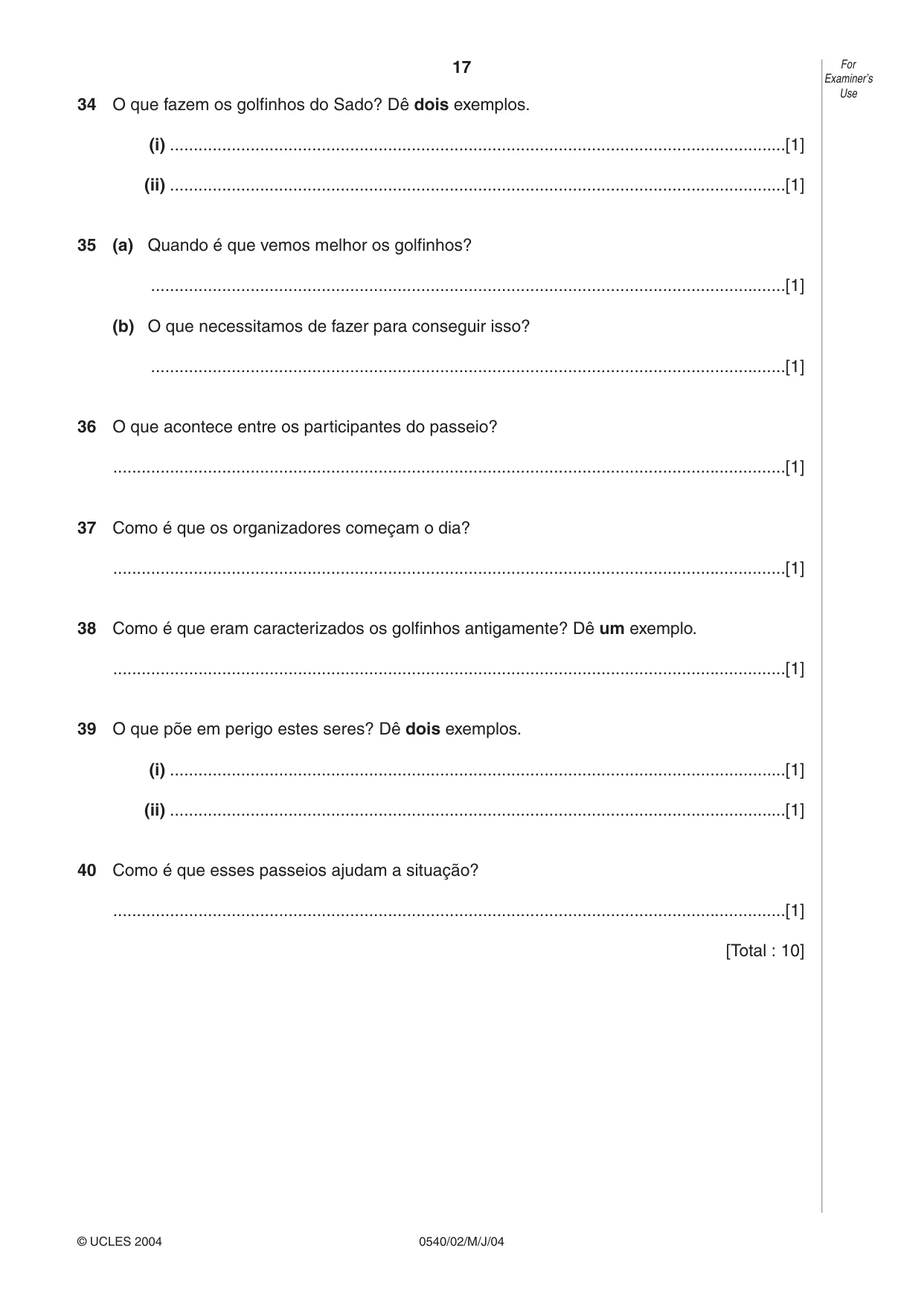 Cambridge IGCSE Portuguese - Foreign Language 0540 2004 May/June Paper 2 · Variant 1 question paper, page 17 of 20