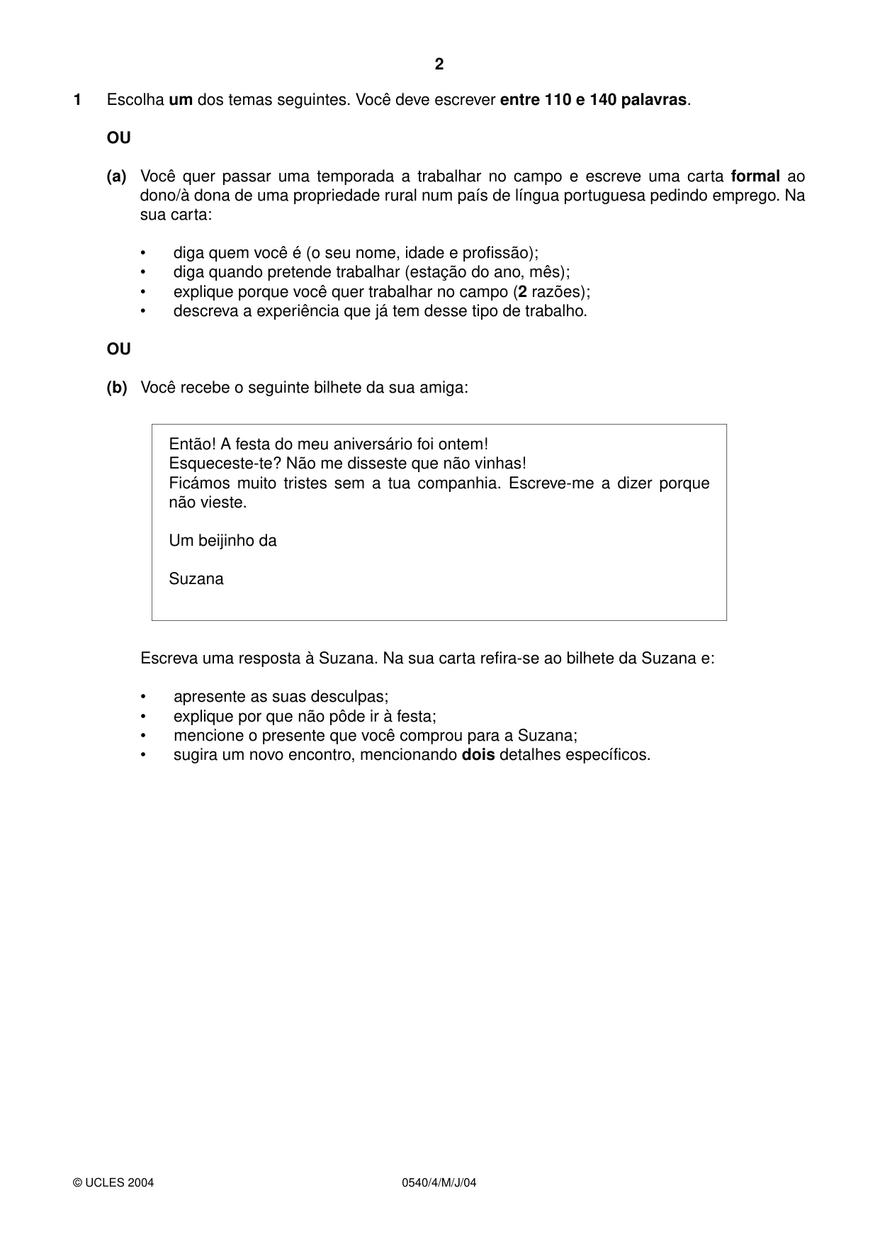 Cambridge IGCSE Portuguese - Foreign Language 0540 2004 May/June Paper 4 · Variant 1 question paper, page 2 of 4