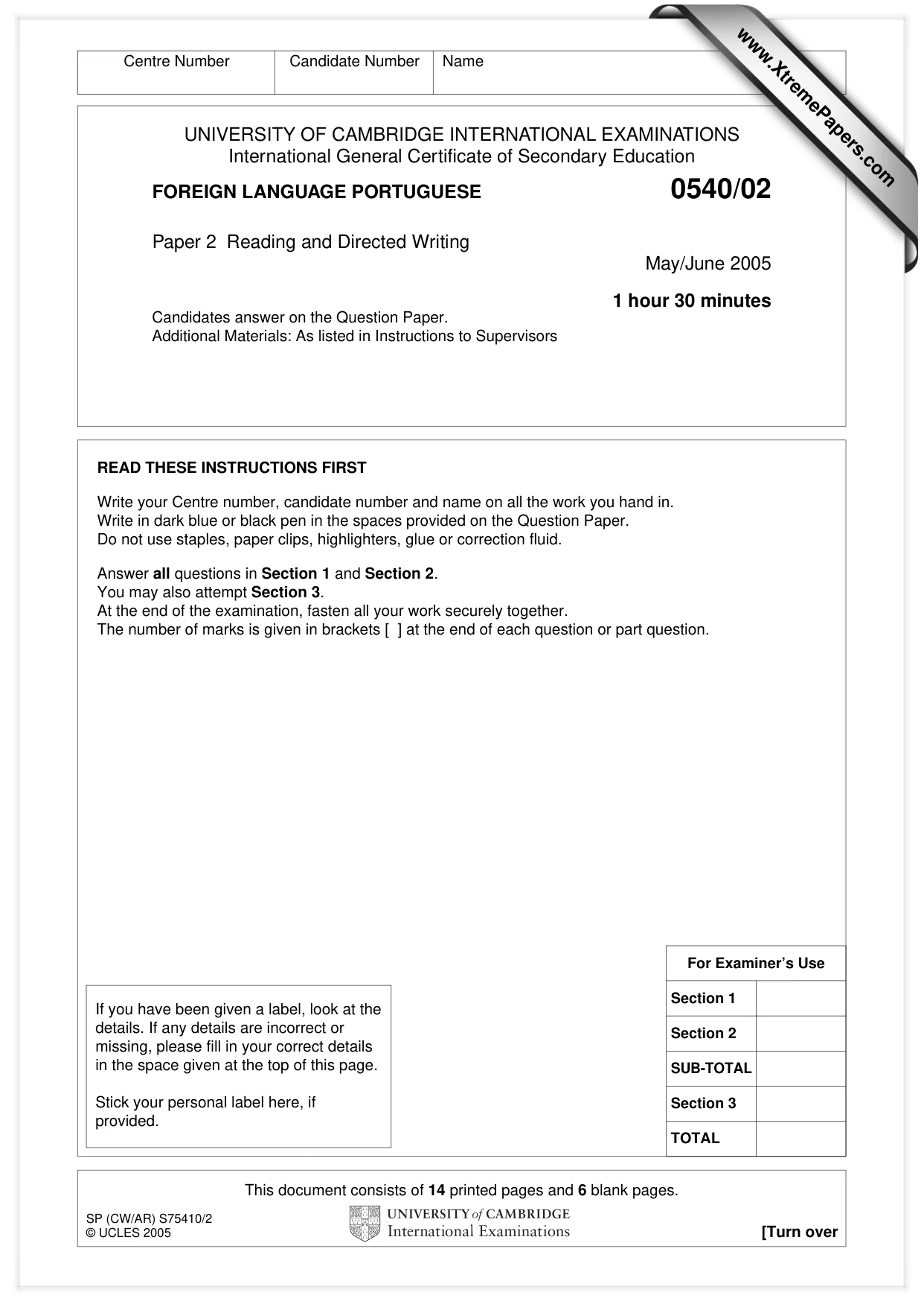 Cambridge IGCSE Portuguese - Foreign Language 0540 2005 May/June Paper 2 · Variant 1 question paper, page 1 of 20