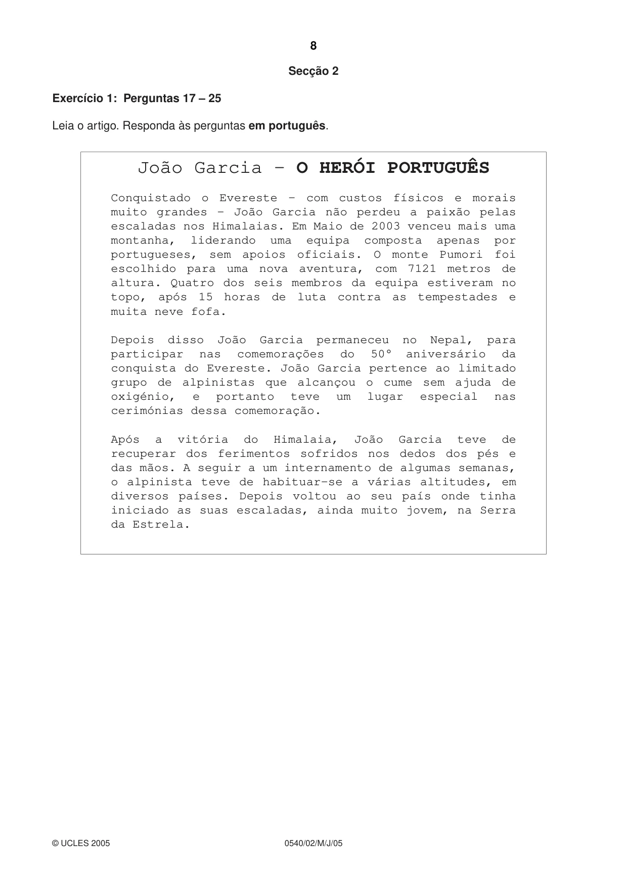 Cambridge IGCSE Portuguese - Foreign Language 0540 2005 May/June Paper 2 · Variant 1 question paper, page 8 of 20