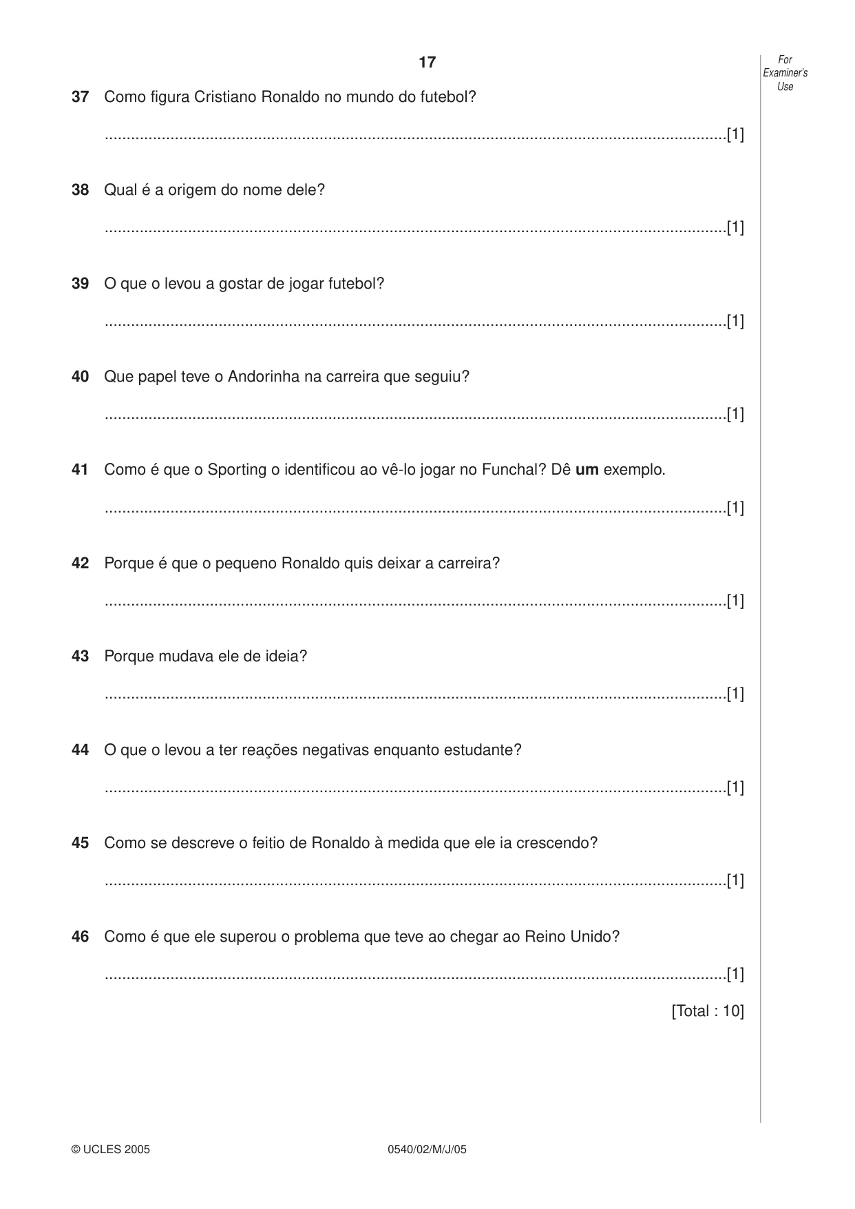 Cambridge IGCSE Portuguese - Foreign Language 0540 2005 May/June Paper 2 · Variant 1 question paper, page 17 of 20
