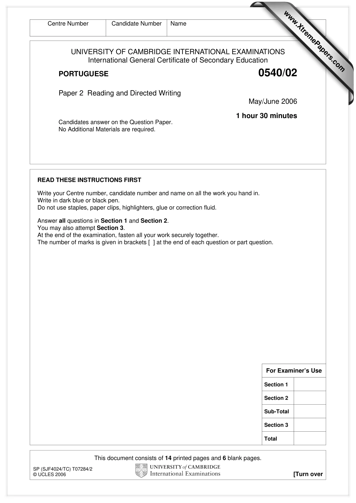 Cambridge IGCSE Portuguese - Foreign Language 0540 2006 May/June Paper 2 · Variant 1 question paper, page 1 of 20