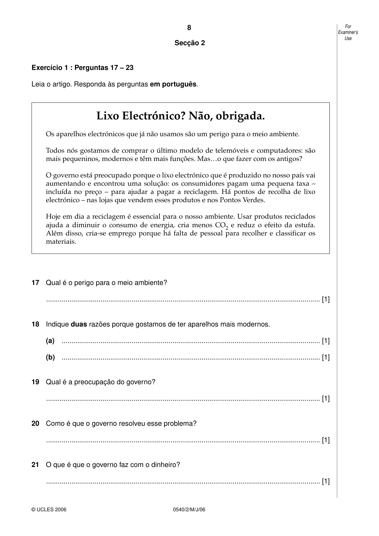 Cambridge IGCSE Portuguese - Foreign Language 0540 2006 May/June Paper 2 · Variant 1 question paper, page 8 of 20