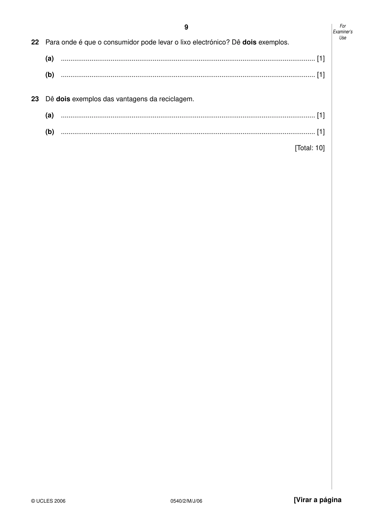 Cambridge IGCSE Portuguese - Foreign Language 0540 2006 May/June Paper 2 · Variant 1 question paper, page 9 of 20