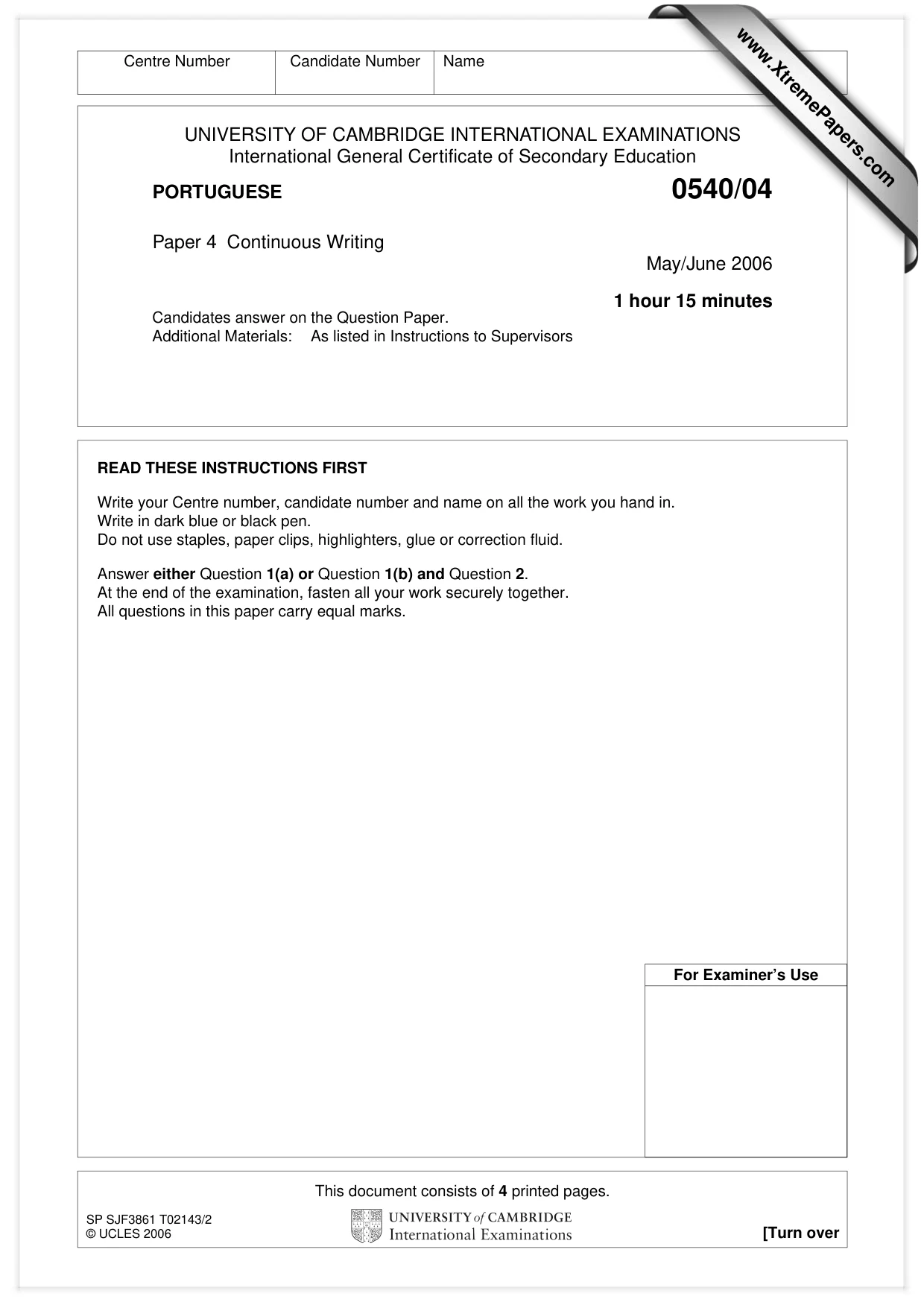 Cambridge IGCSE Portuguese - Foreign Language 0540 2006 May/June Paper 4 · Variant 1 question paper, page 1 of 4