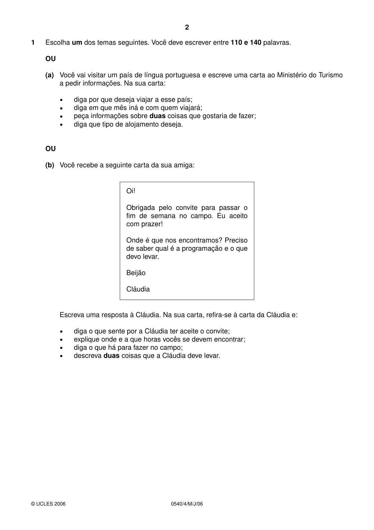 Cambridge IGCSE Portuguese - Foreign Language 0540 2006 May/June Paper 4 · Variant 1 question paper, page 2 of 4