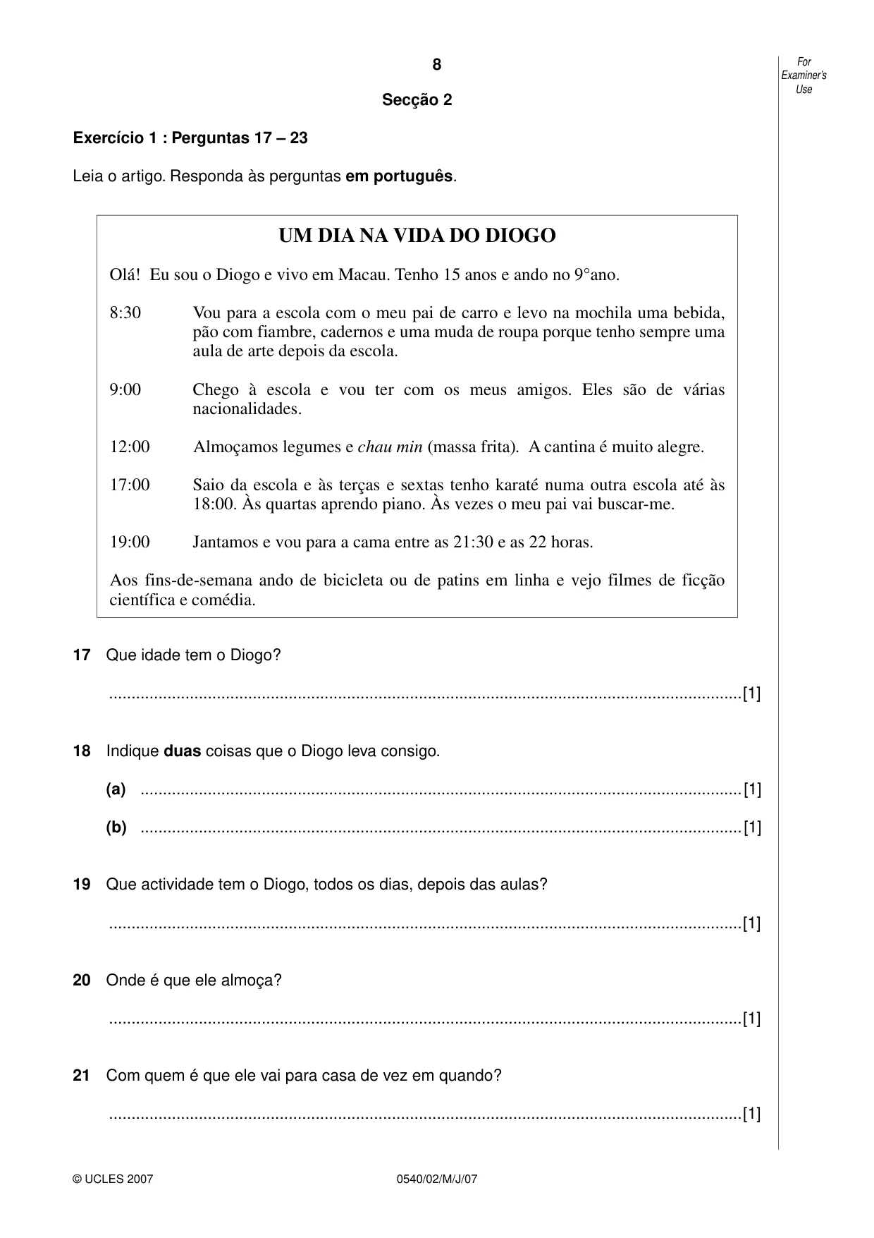 Cambridge IGCSE Portuguese - Foreign Language 0540 2007 May/June Paper 2 · Variant 1 question paper, page 8 of 20