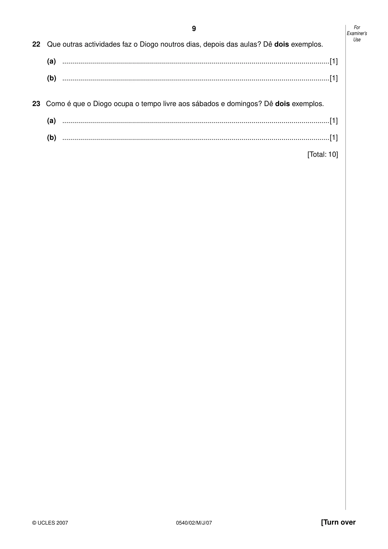 Cambridge IGCSE Portuguese - Foreign Language 0540 2007 May/June Paper 2 · Variant 1 question paper, page 9 of 20