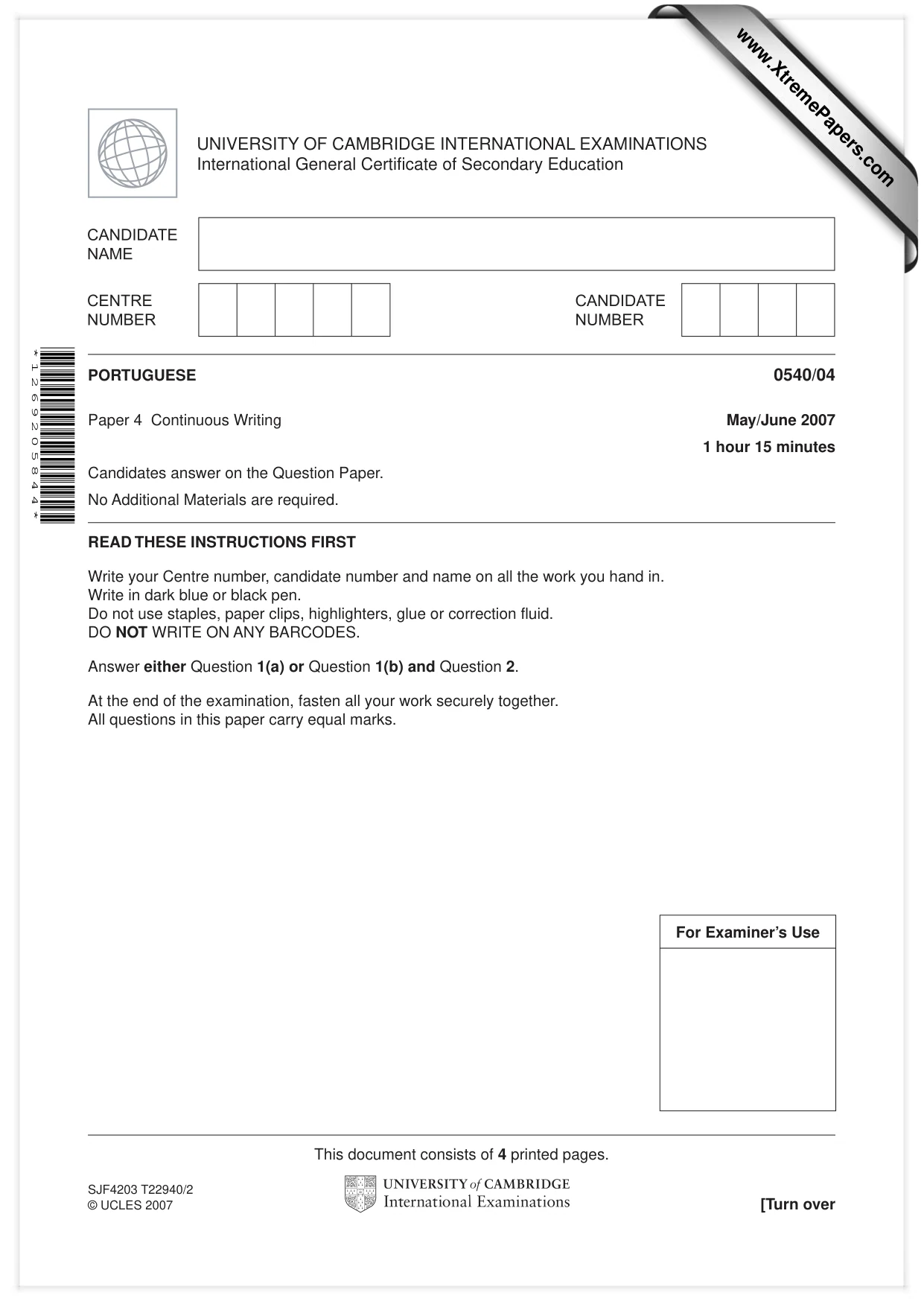 Cambridge IGCSE Portuguese - Foreign Language 0540 2007 May/June Paper 4 · Variant 1 question paper, page 1 of 4