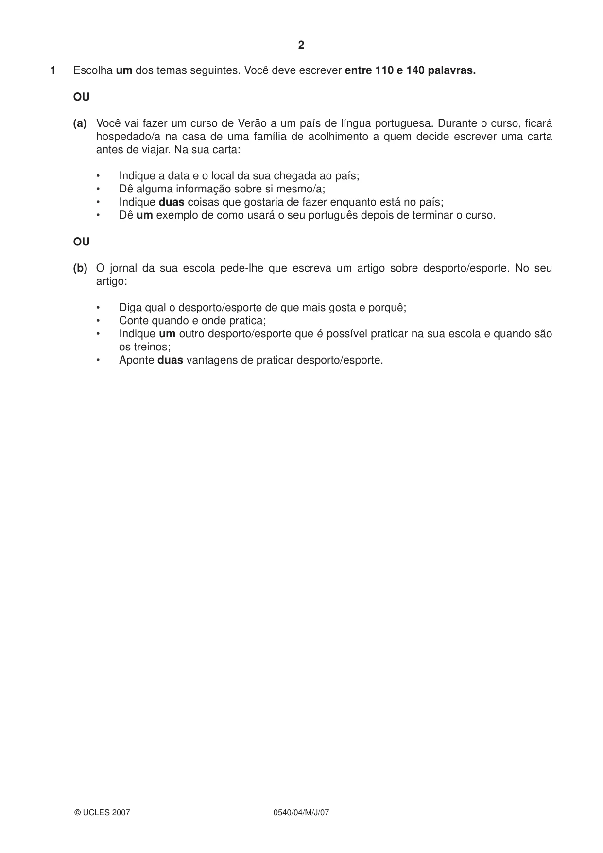 Cambridge IGCSE Portuguese - Foreign Language 0540 2007 May/June Paper 4 · Variant 1 question paper, page 2 of 4