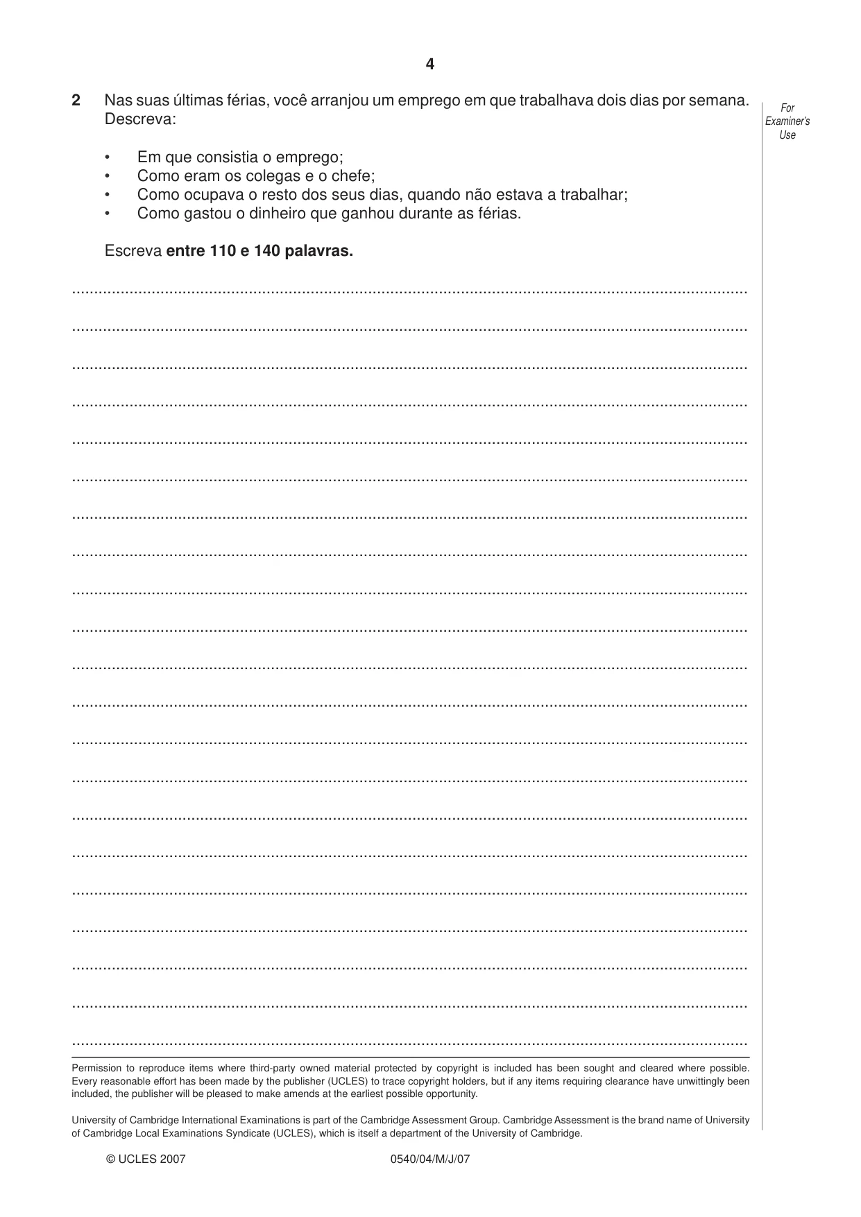 Cambridge IGCSE Portuguese - Foreign Language 0540 2007 May/June Paper 4 · Variant 1 question paper, page 4 of 4
