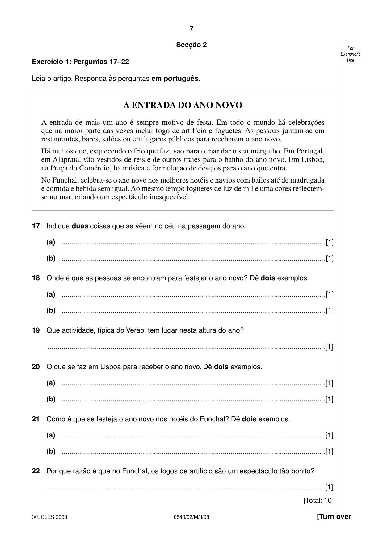Cambridge IGCSE Portuguese - Foreign Language 0540 2008 May/June Paper 2 · Variant 1 question paper, page 7 of 16