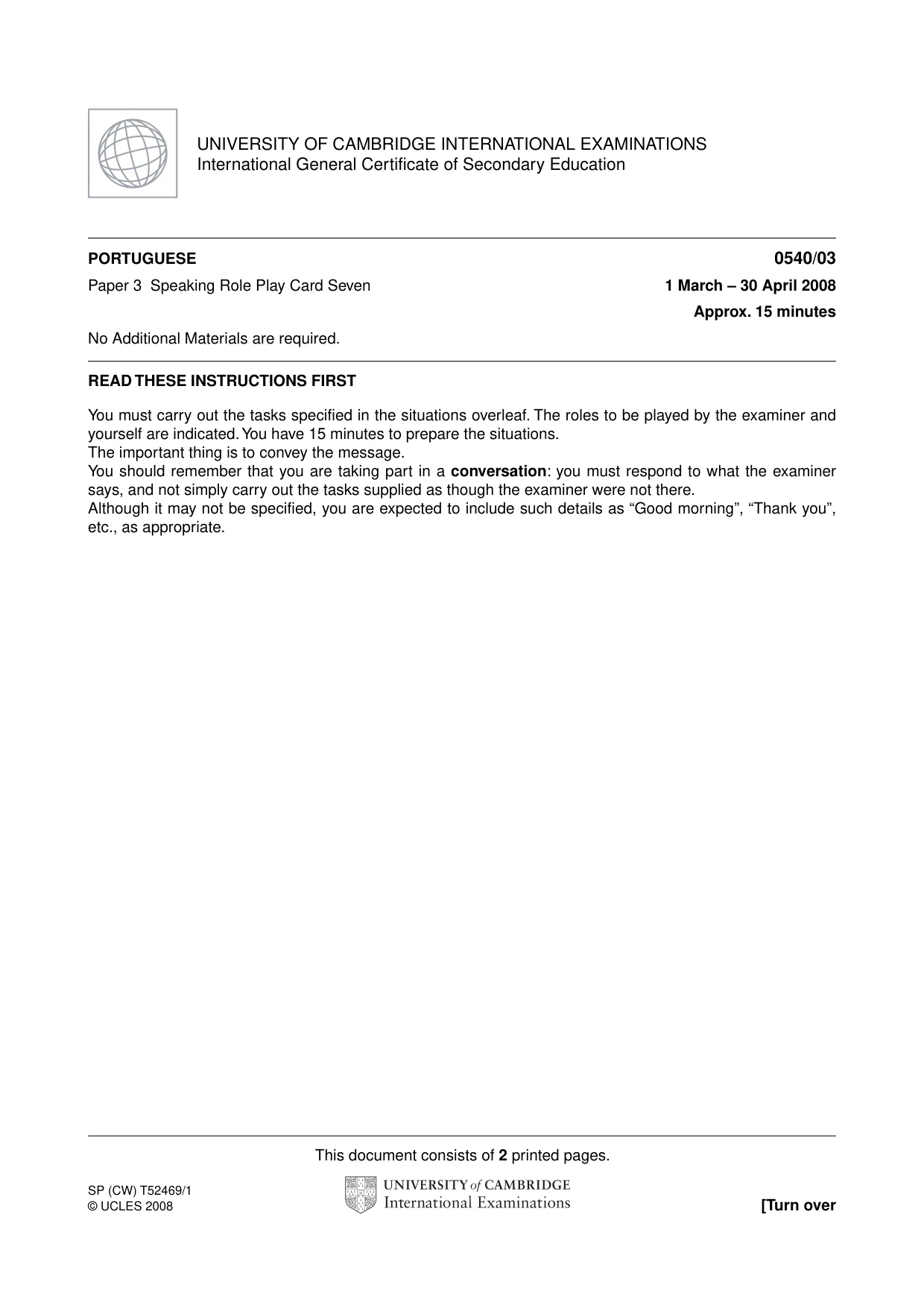 Cambridge IGCSE Portuguese - Foreign Language 0540 2008 May/June Paper 3 · Variant 1 question paper, page 13 of 18