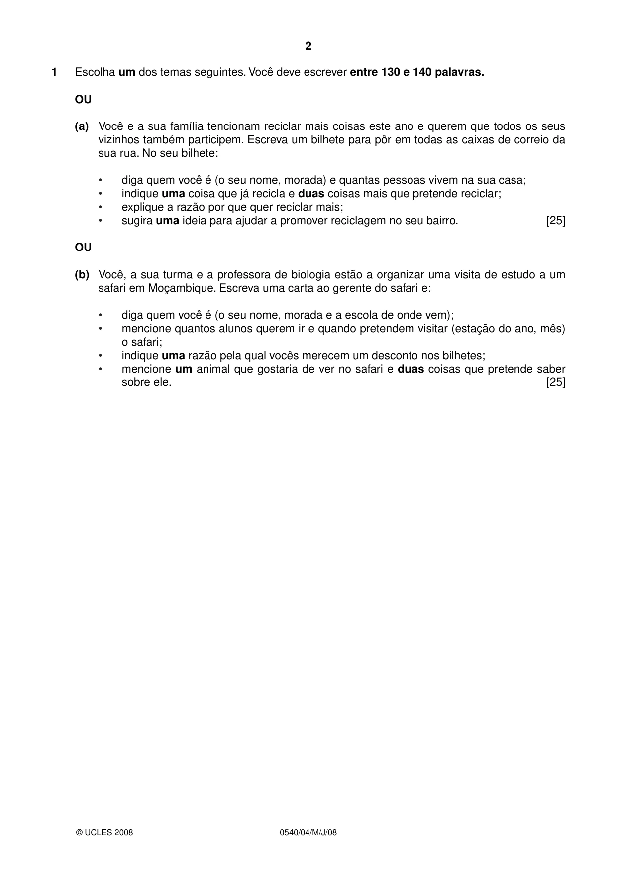 Cambridge IGCSE Portuguese - Foreign Language 0540 2008 May/June Paper 4 · Variant 1 question paper, page 2 of 4