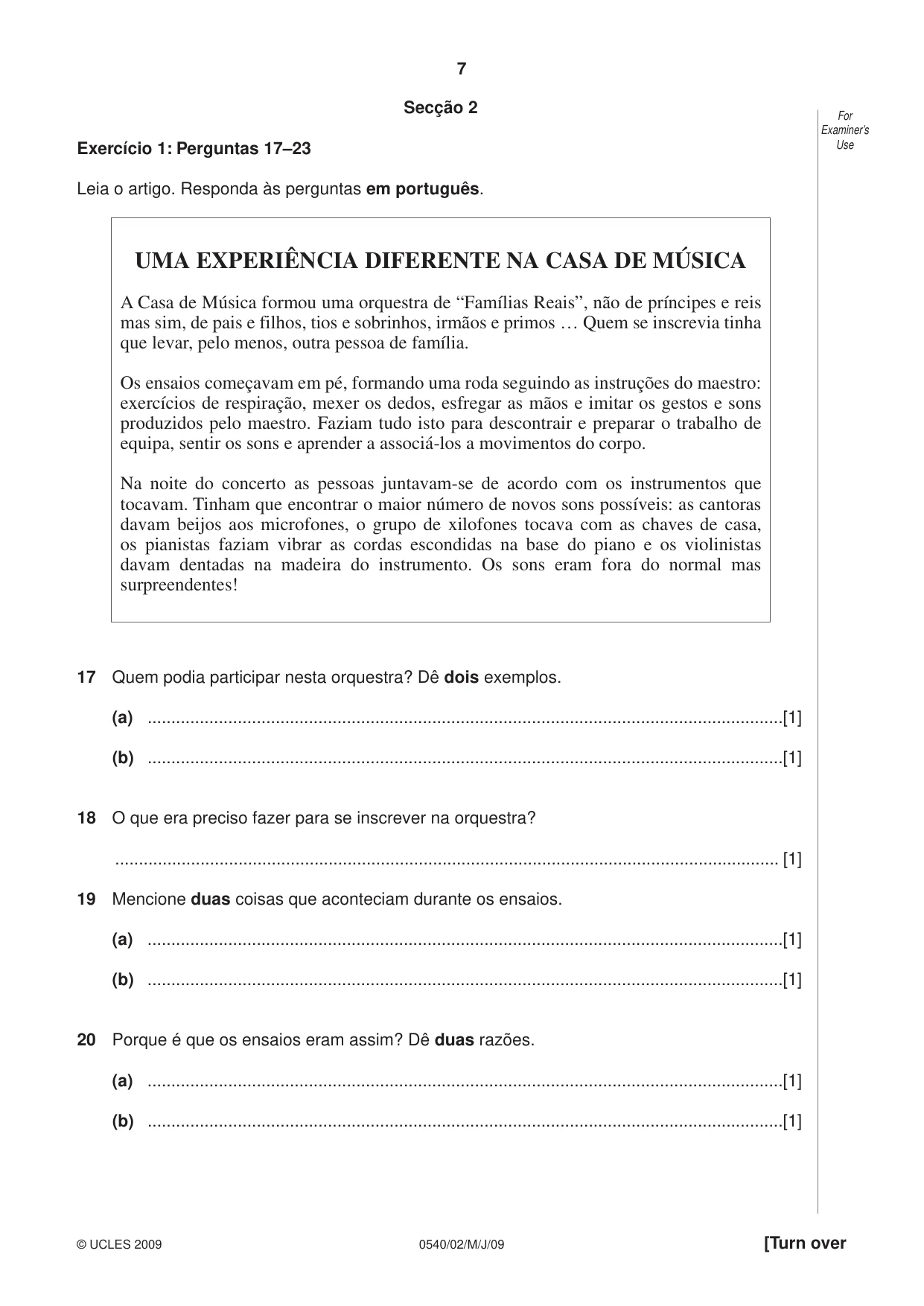 Cambridge IGCSE Portuguese - Foreign Language 0540 2009 May/June Paper 2 · Variant 1 question paper, page 7 of 16