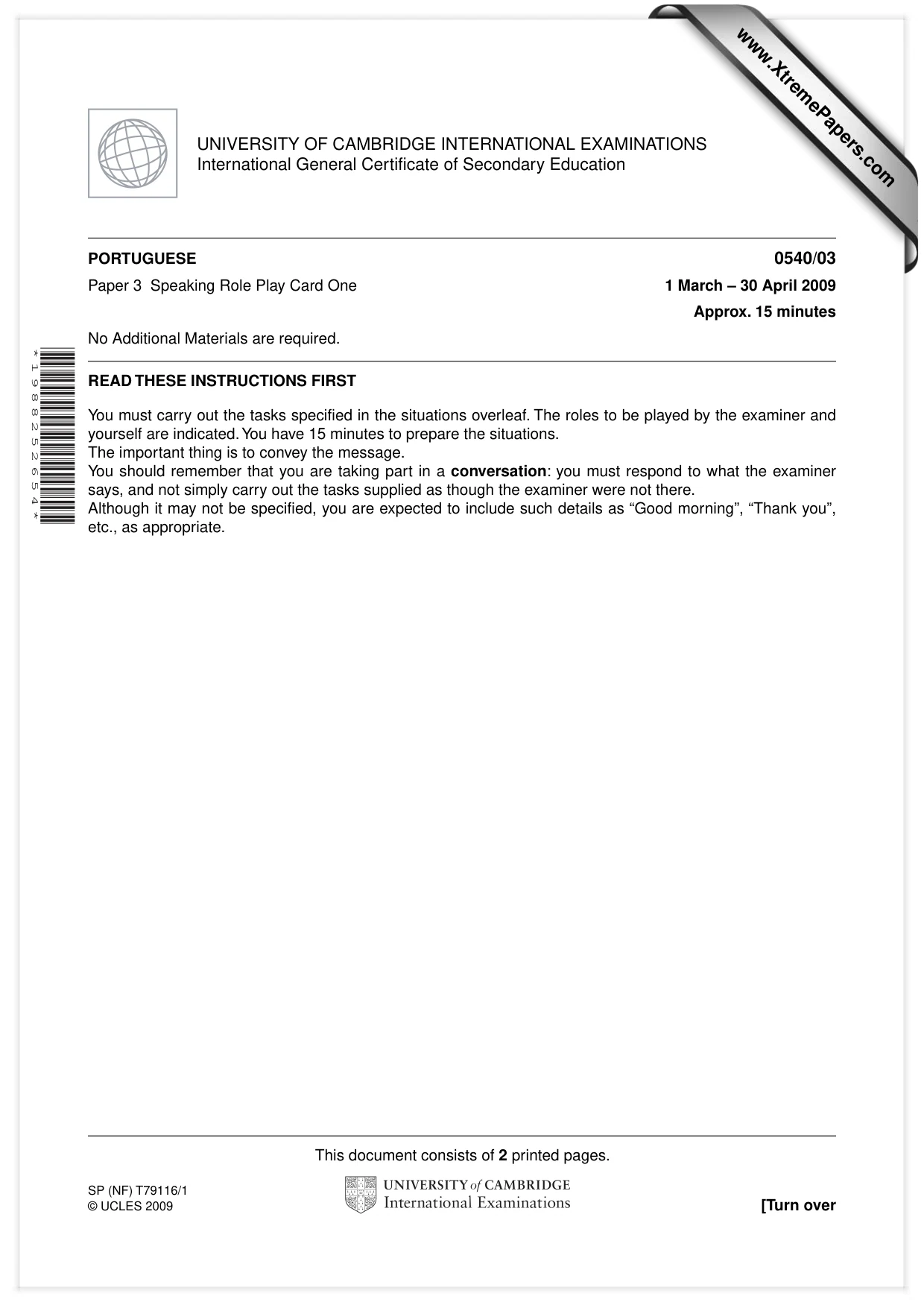Cambridge IGCSE Portuguese - Foreign Language 0540 2009 May/June Paper 3 · Variant 1 question paper, page 1 of 18