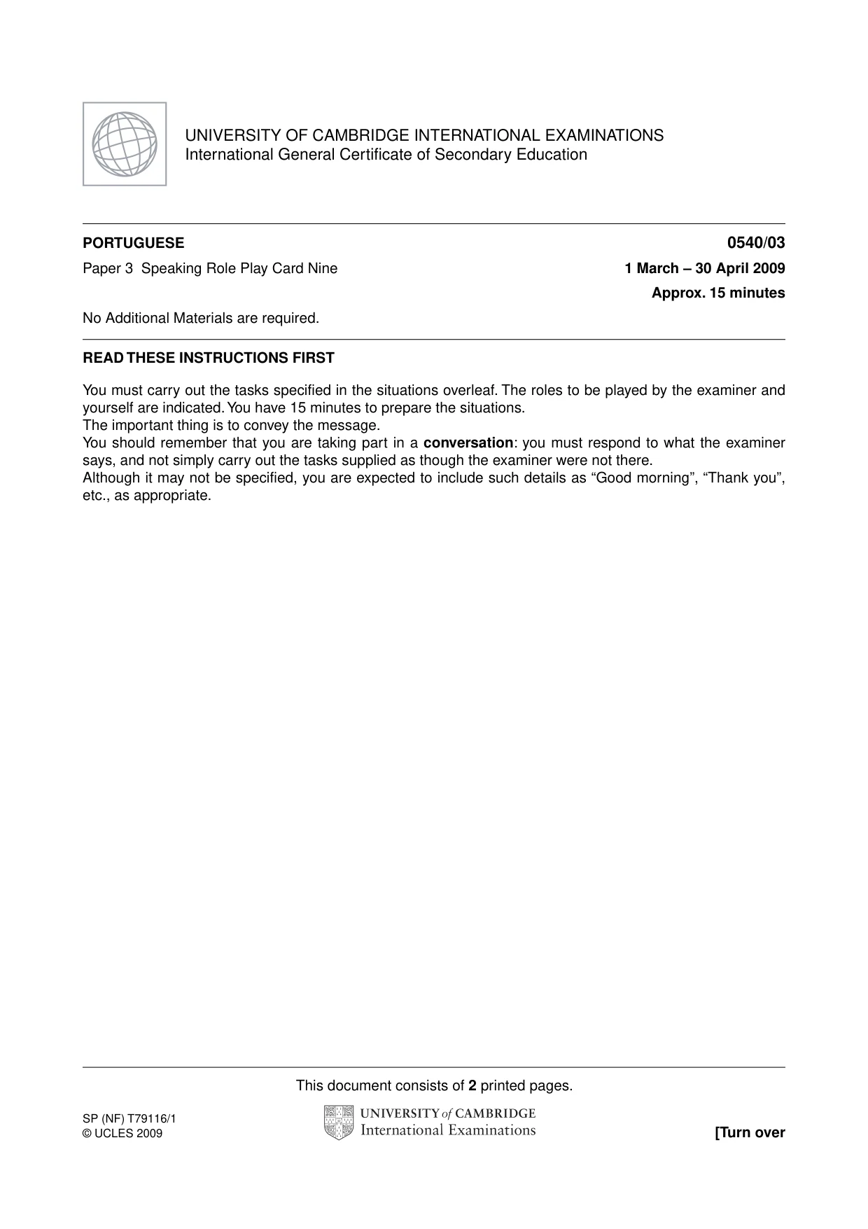 Cambridge IGCSE Portuguese - Foreign Language 0540 2009 May/June Paper 3 · Variant 1 question paper, page 17 of 18