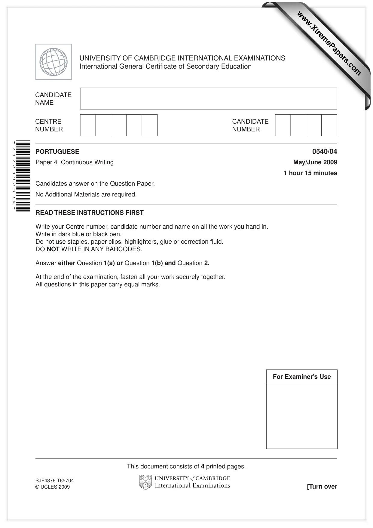 Cambridge IGCSE Portuguese - Foreign Language 0540 2009 May/June Paper 4 · Variant 1 question paper, page 1 of 4