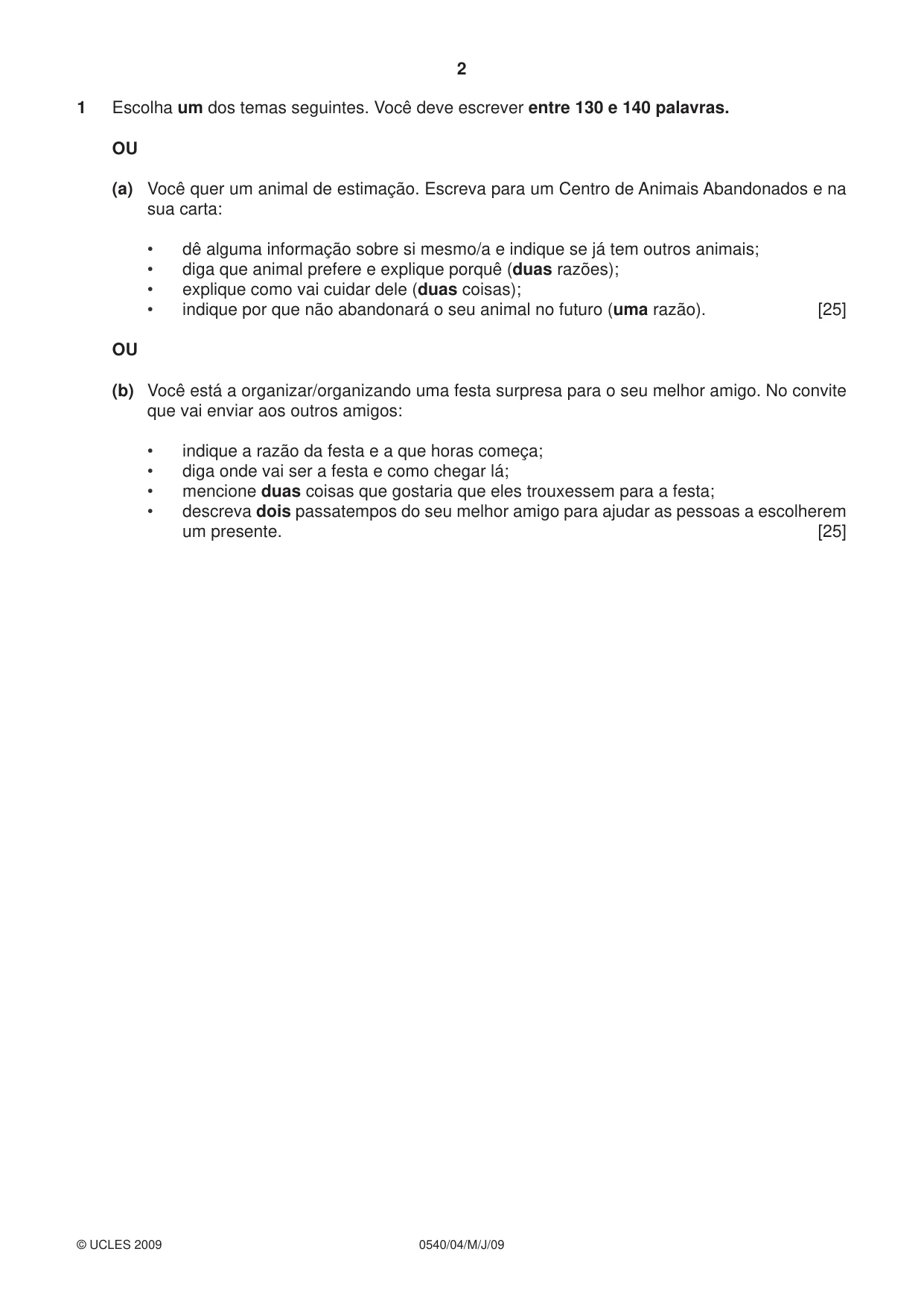 Cambridge IGCSE Portuguese - Foreign Language 0540 2009 May/June Paper 4 · Variant 1 question paper, page 2 of 4
