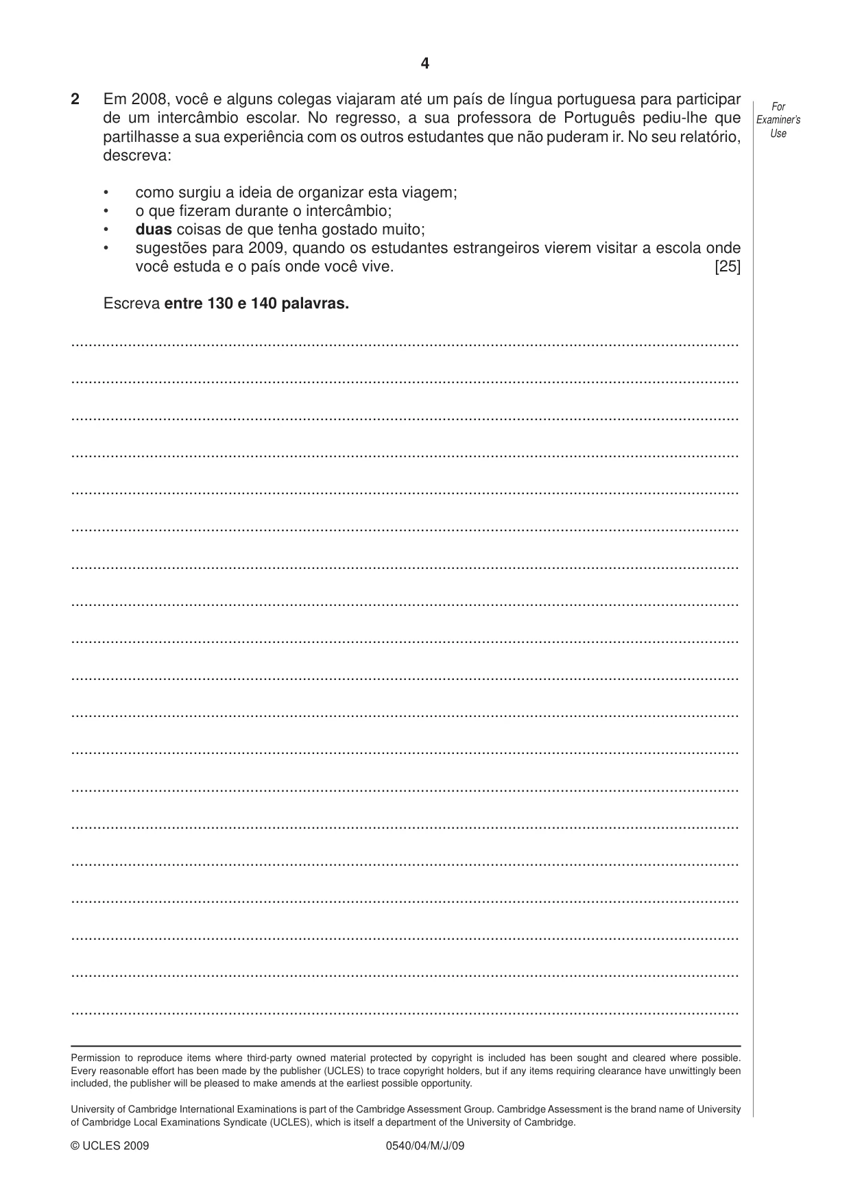 Cambridge IGCSE Portuguese - Foreign Language 0540 2009 May/June Paper 4 · Variant 1 question paper, page 4 of 4