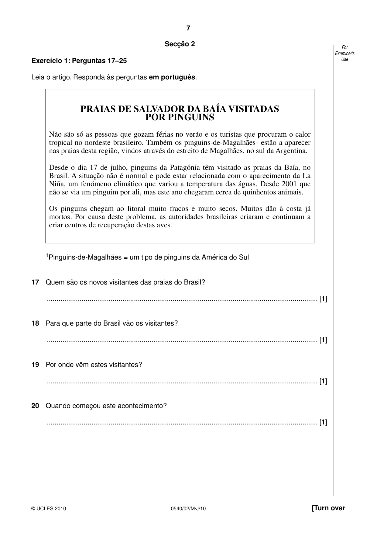 Cambridge IGCSE Portuguese - Foreign Language 0540 2010 May/June Paper 2 · Variant 1 question paper, page 7 of 16