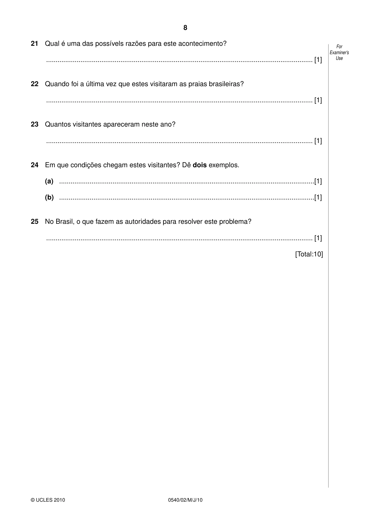 Cambridge IGCSE Portuguese - Foreign Language 0540 2010 May/June Paper 2 · Variant 1 question paper, page 8 of 16