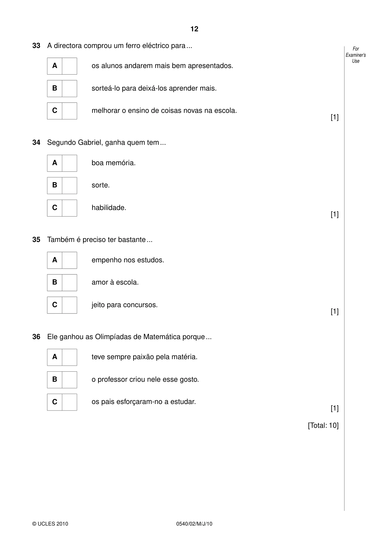 Cambridge IGCSE Portuguese - Foreign Language 0540 2010 May/June Paper 2 · Variant 1 question paper, page 12 of 16