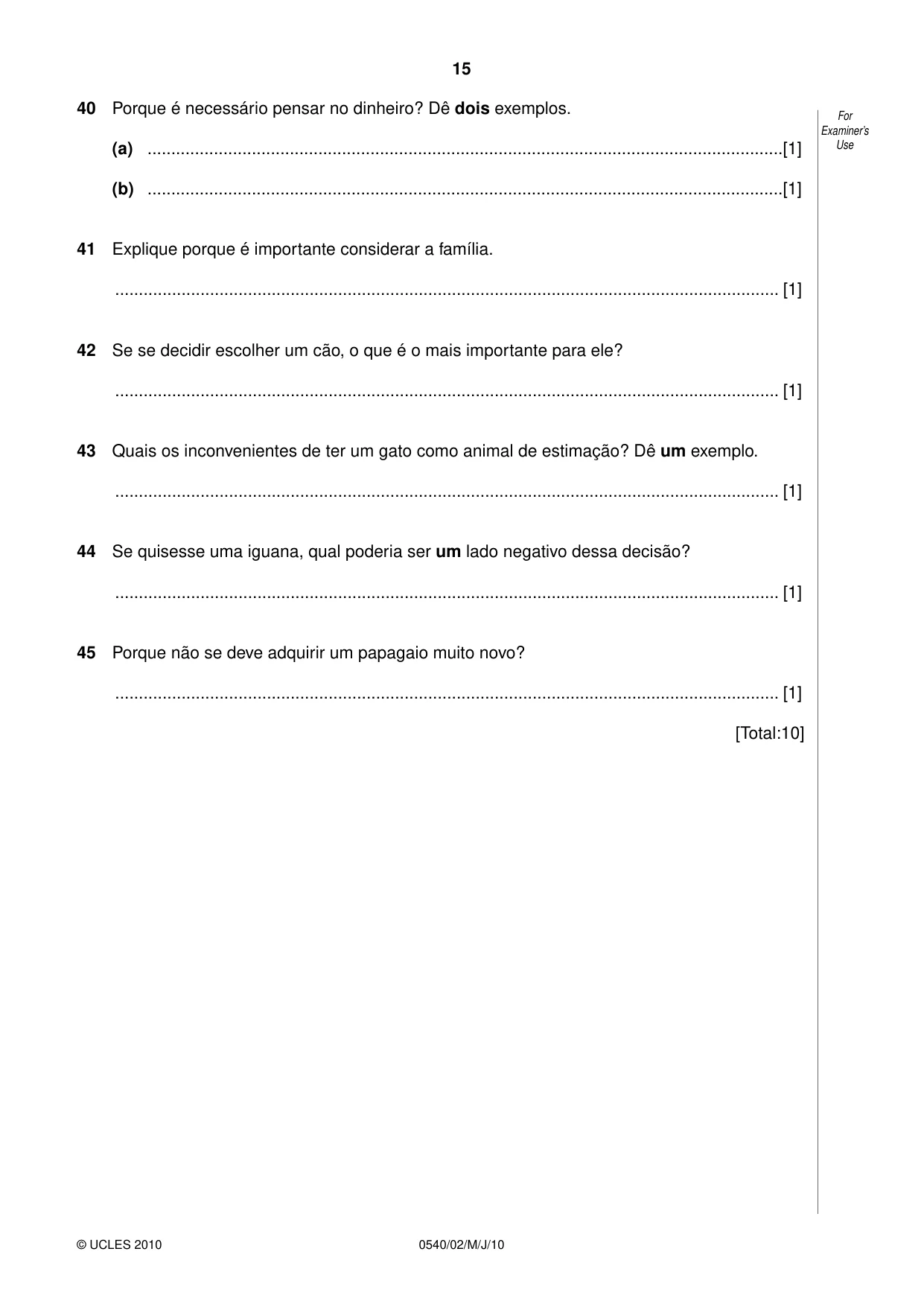 Cambridge IGCSE Portuguese - Foreign Language 0540 2010 May/June Paper 2 · Variant 1 question paper, page 15 of 16