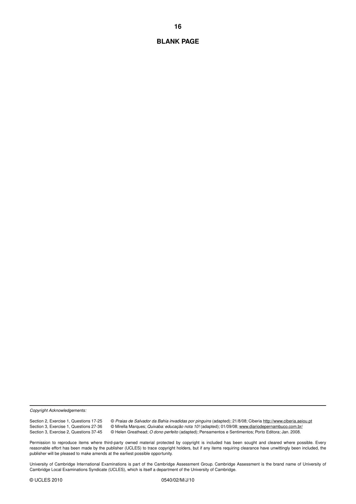 Cambridge IGCSE Portuguese - Foreign Language 0540 2010 May/June Paper 2 · Variant 1 question paper, page 16 of 16