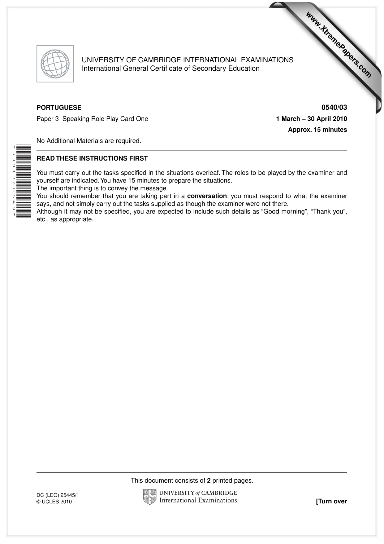 Cambridge IGCSE Portuguese - Foreign Language 0540 2010 May/June Paper 3 · Variant 1 question paper, page 1 of 18