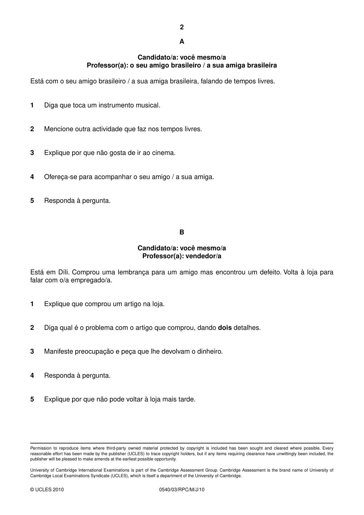 Cambridge IGCSE Portuguese - Foreign Language 0540 2010 May/June Paper 3 · Variant 1 question paper, page 10 of 18