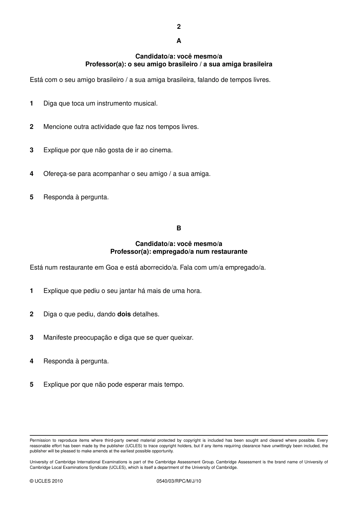 Cambridge IGCSE Portuguese - Foreign Language 0540 2010 May/June Paper 3 · Variant 1 question paper, page 12 of 18