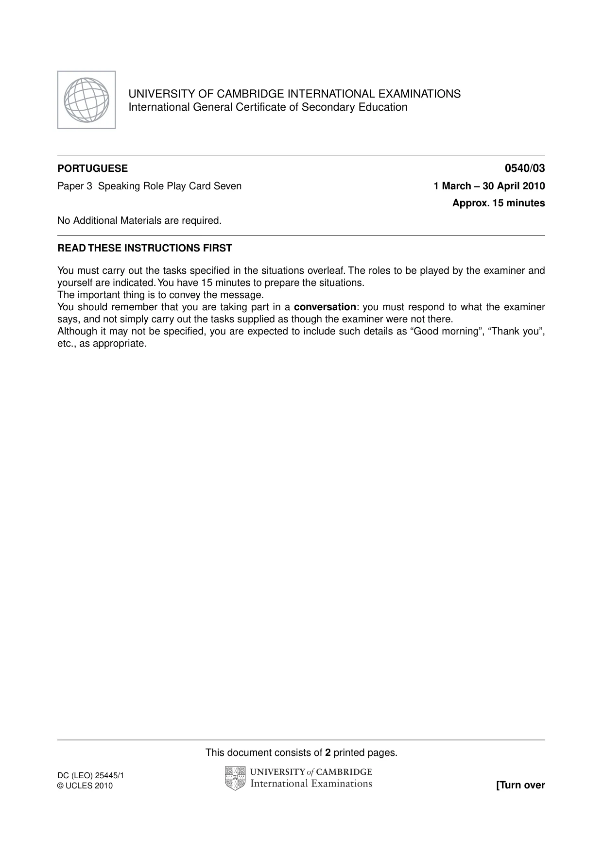 Cambridge IGCSE Portuguese - Foreign Language 0540 2010 May/June Paper 3 · Variant 1 question paper, page 13 of 18