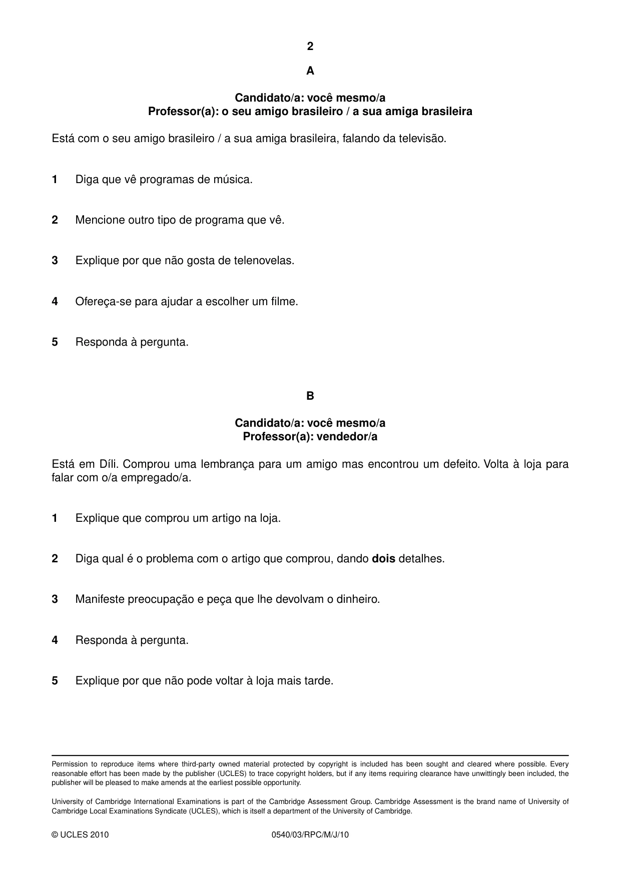 Cambridge IGCSE Portuguese - Foreign Language 0540 2010 May/June Paper 3 · Variant 1 question paper, page 16 of 18