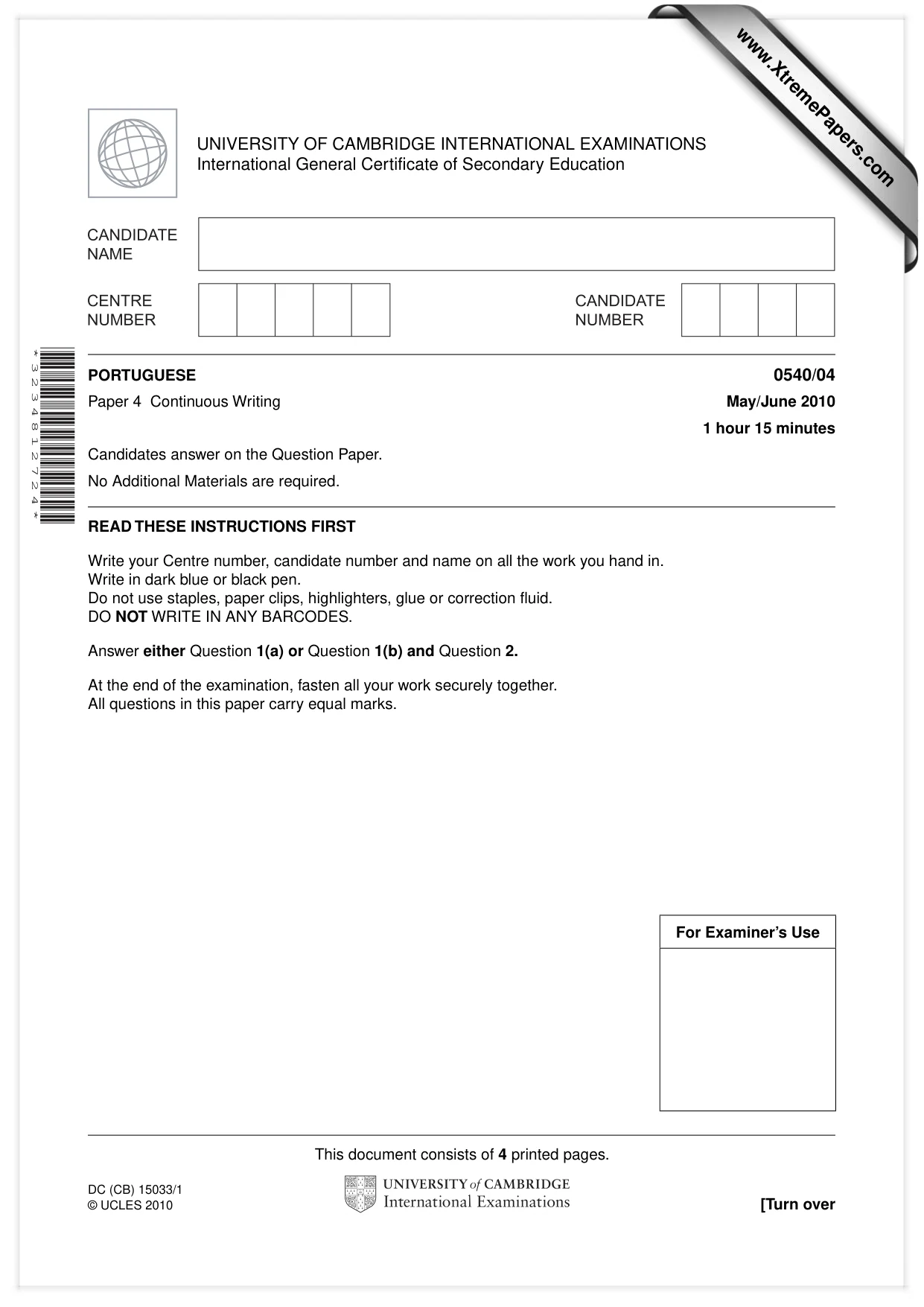 Cambridge IGCSE Portuguese - Foreign Language 0540 2010 May/June Paper 4 · Variant 1 question paper, page 1 of 4