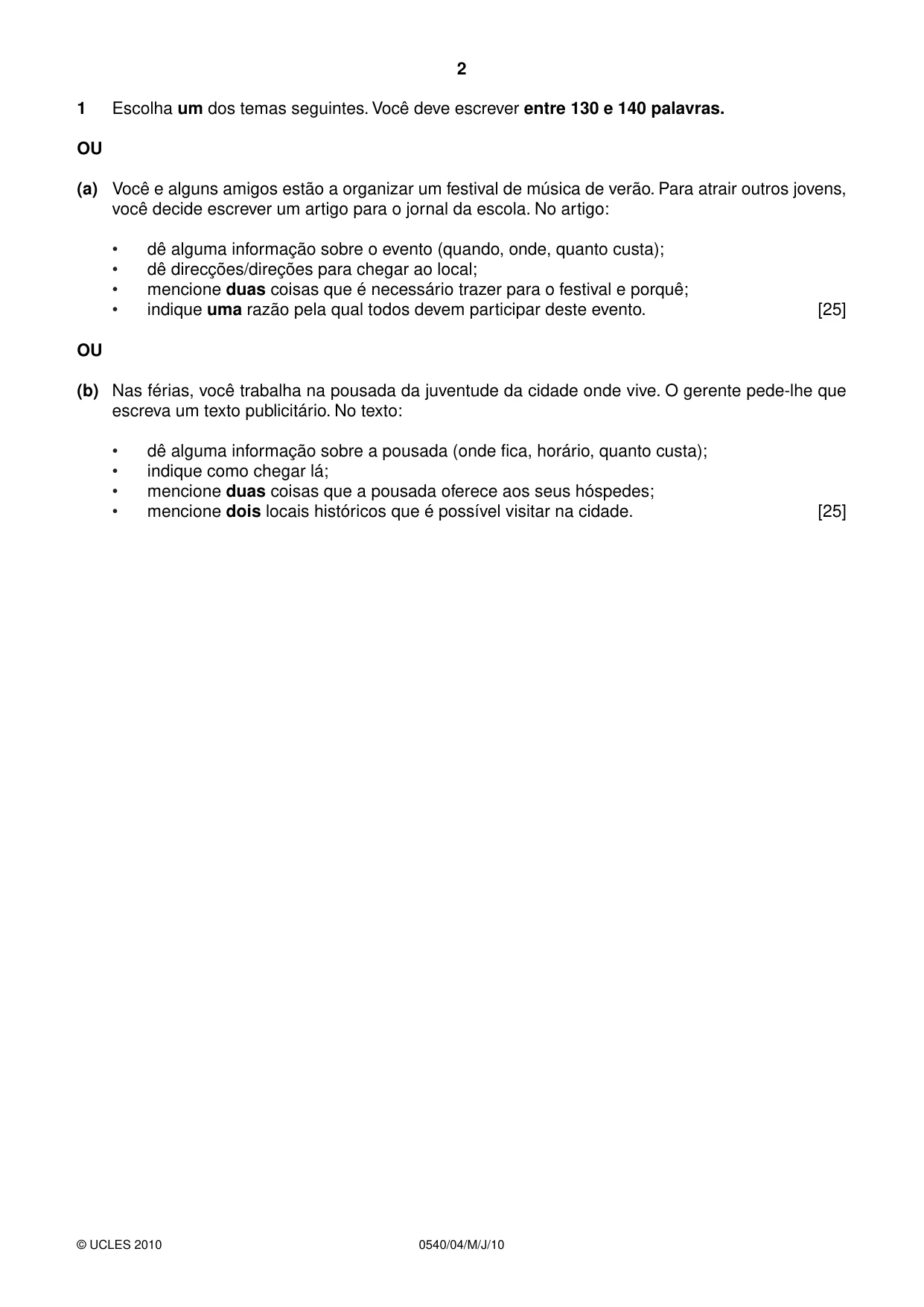 Cambridge IGCSE Portuguese - Foreign Language 0540 2010 May/June Paper 4 · Variant 1 question paper, page 2 of 4