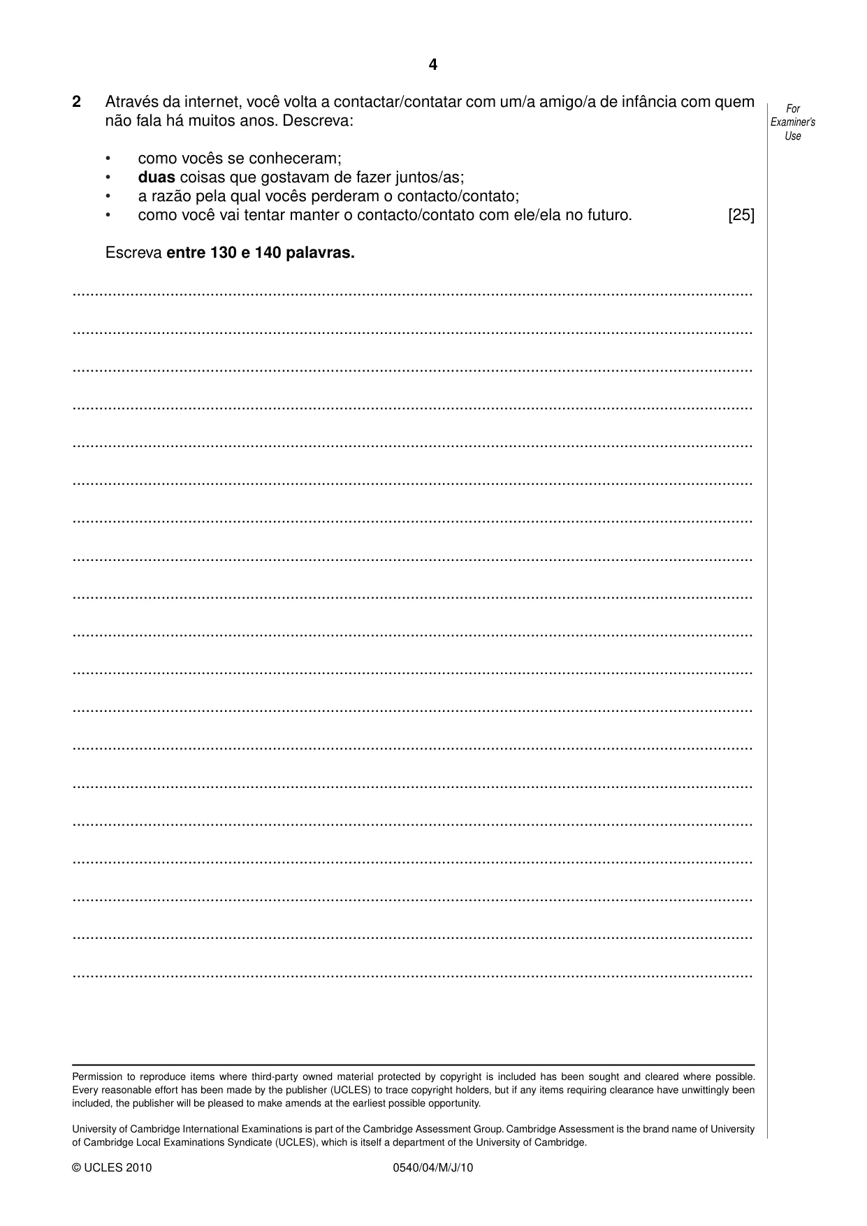 Cambridge IGCSE Portuguese - Foreign Language 0540 2010 May/June Paper 4 · Variant 1 question paper, page 4 of 4