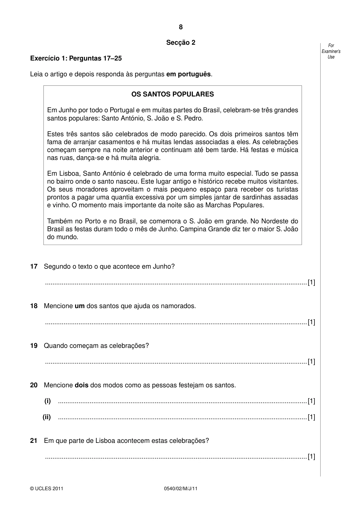 Cambridge IGCSE Portuguese - Foreign Language 0540 2011 May/June Paper 2 · Variant 1 question paper, page 8 of 20
