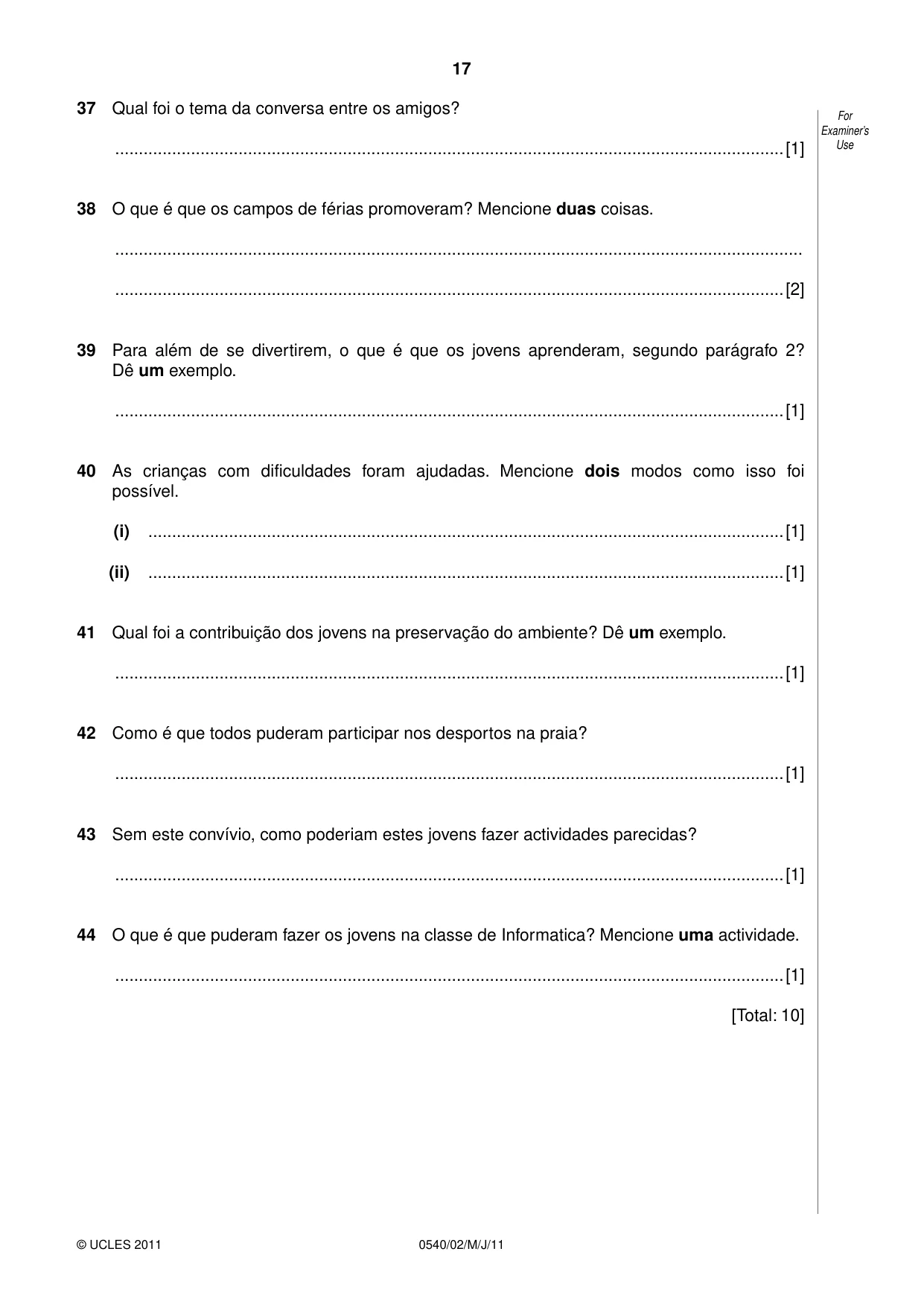 Cambridge IGCSE Portuguese - Foreign Language 0540 2011 May/June Paper 2 · Variant 1 question paper, page 17 of 20