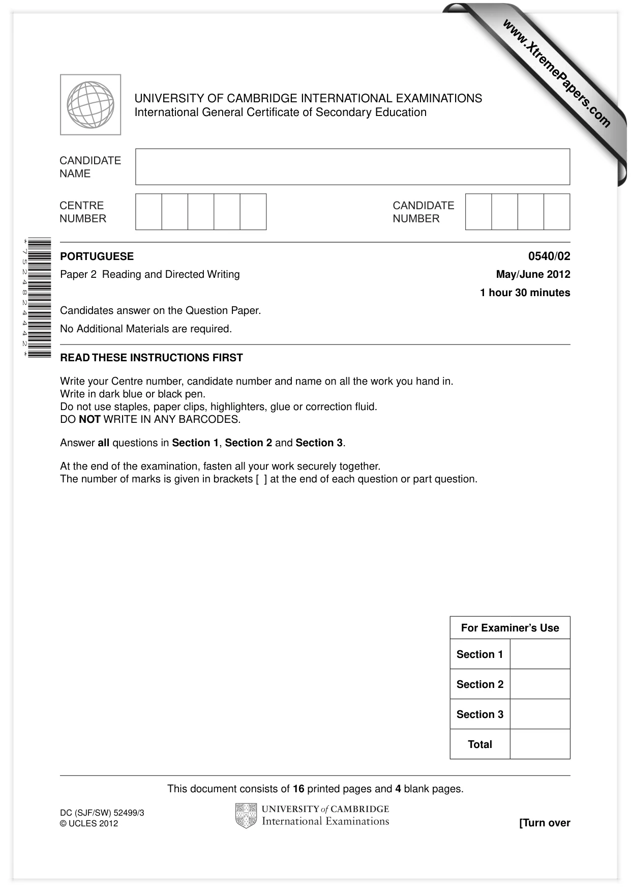 Cambridge IGCSE Portuguese - Foreign Language 0540 2012 May/June Paper 2 · Variant 1 question paper, page 1 of 20