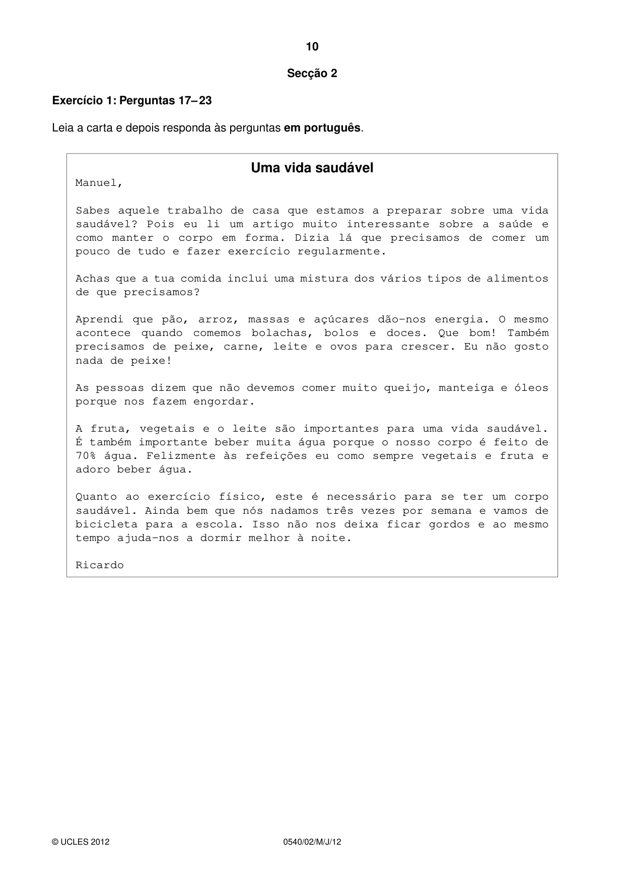 Cambridge IGCSE Portuguese - Foreign Language 0540 2012 May/June Paper 2 · Variant 1 question paper, page 10 of 20